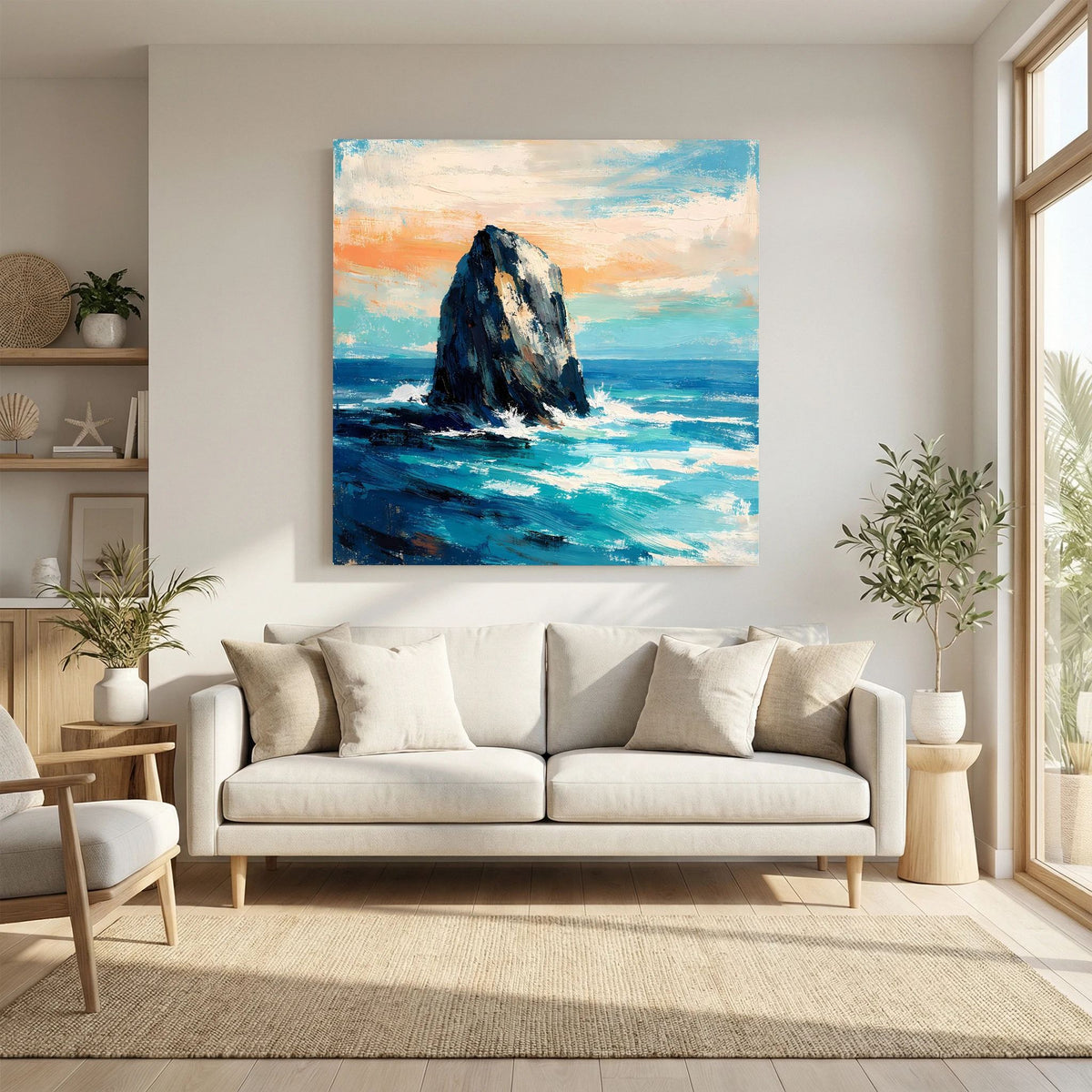 Quadratisches Leinwandbild: Felsen in der Brandung, türkis-blaue Wellen und orangefarbener Himmel.