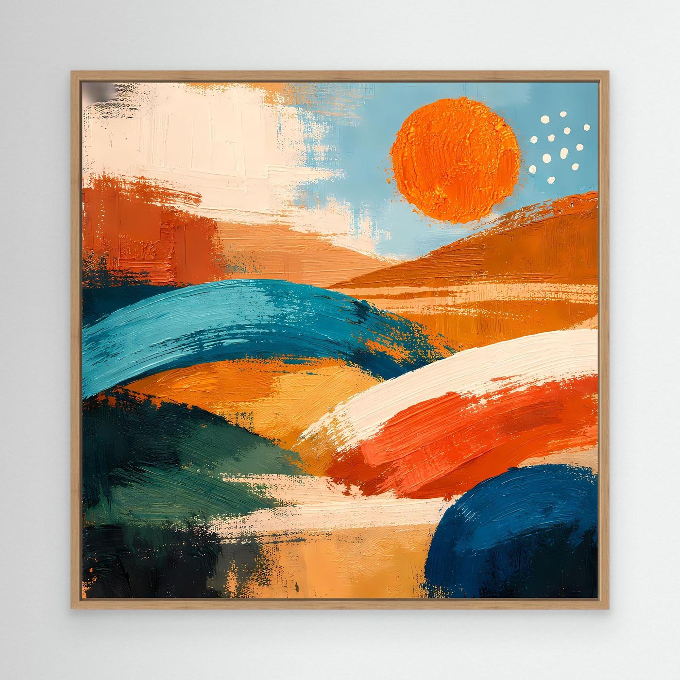 Abstract landscape wall art with oak frame; orange and blue hills and orange sun