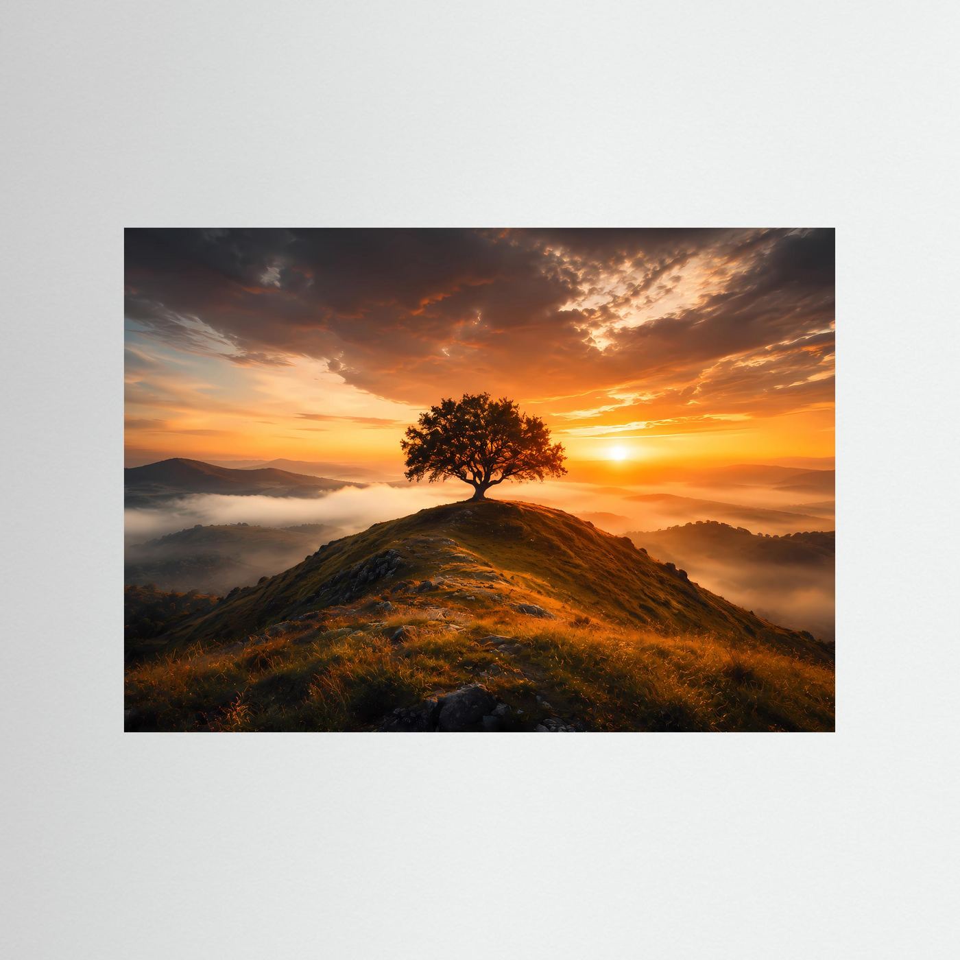 Landschaftsposter mit einsamem Baum auf Hügel bei Sonnenaufgang