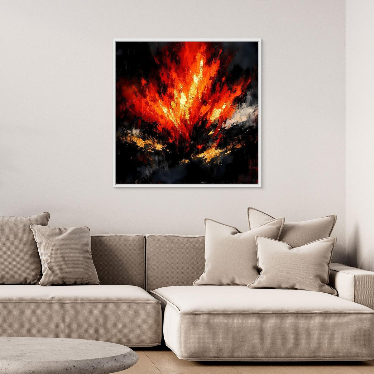 Leinwand-Wandbild: abstraktes Feuer in Rot/Orange, weiße Umrandung auf dunklem Grund