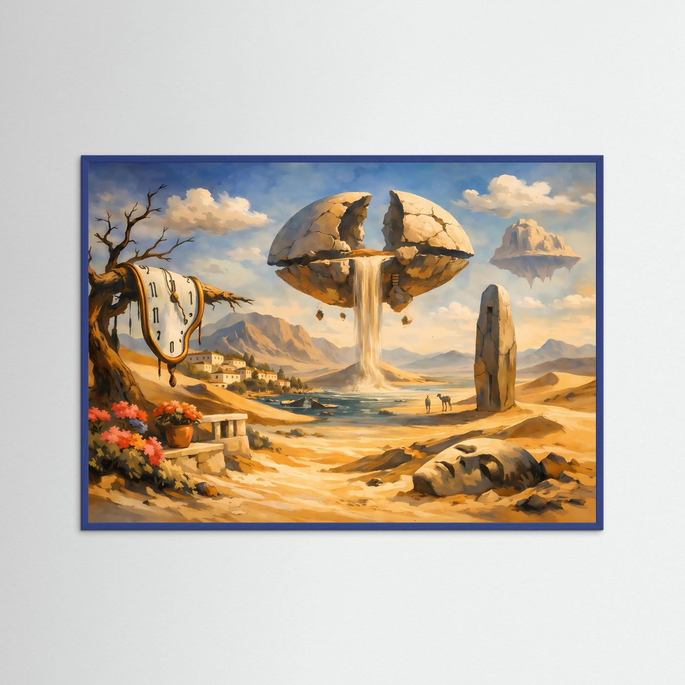 Surreale Traumlandschaft mit schmelzender Uhr & Wasserfall | Surrealismus Panorama Poster Querformat