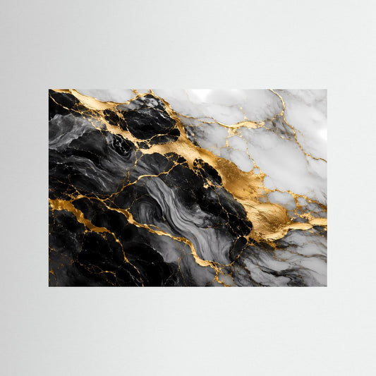 Marmorposter in Schwarz, Weiß und Gold mit abstrakten Adern, ohne Rahmen