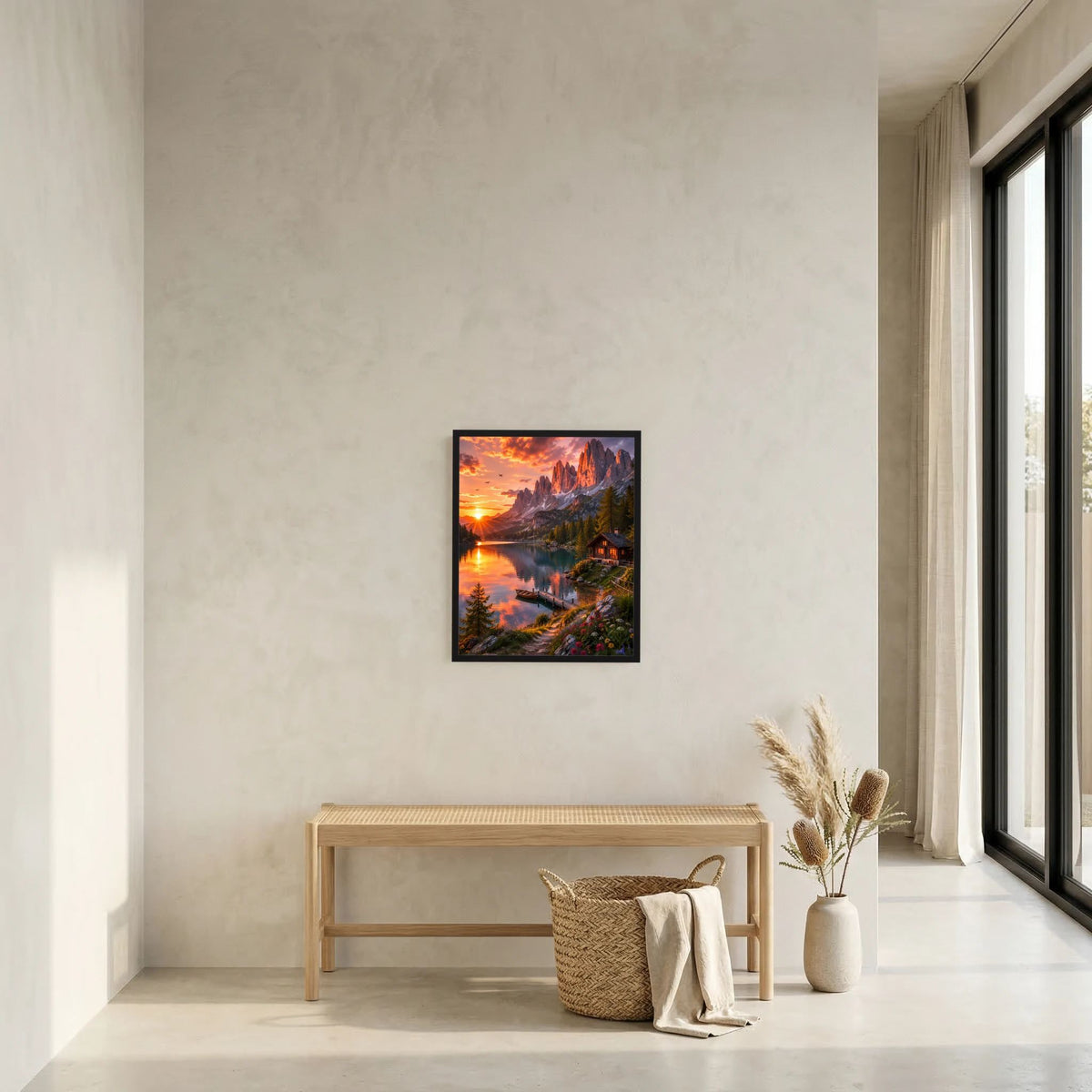 Wandposter im schwarzen Rahmen mit Bergsee, Sonnenaufgang und beleuchteter Berghütte