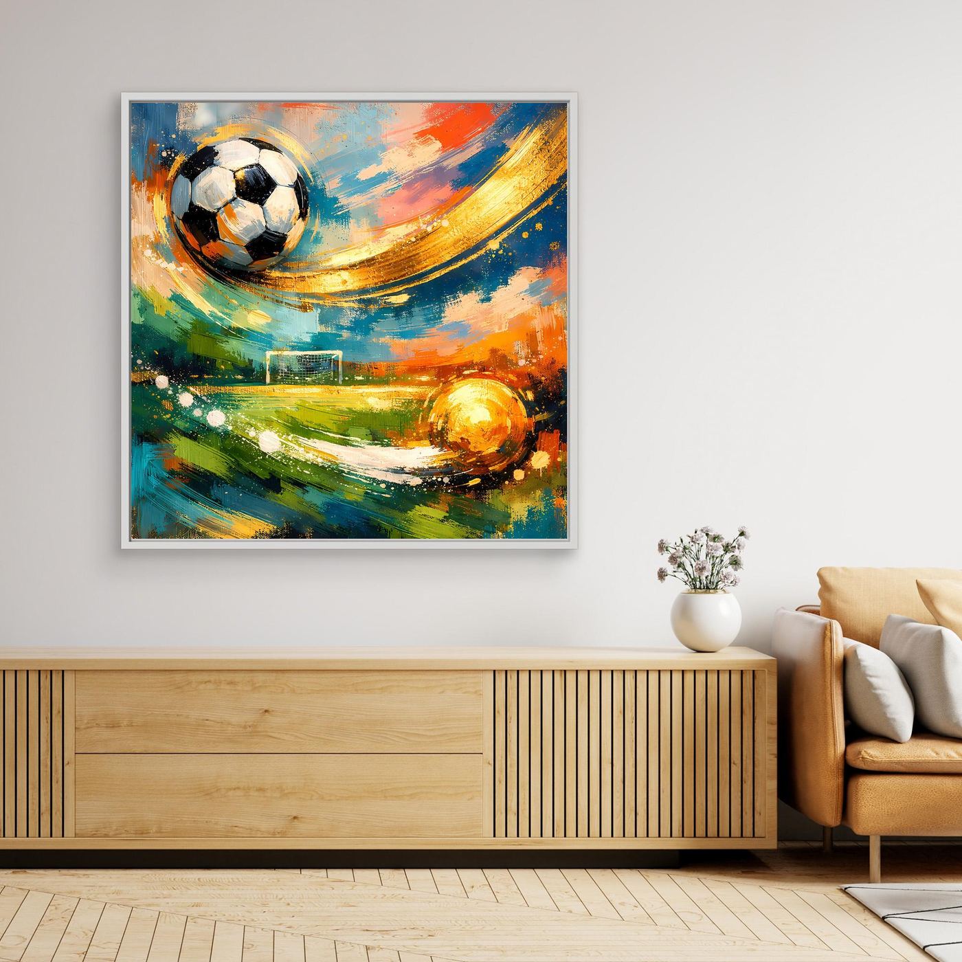 Abstraktes Fußball-Leinwandbild mit farbigen Pinselstrichen, weiß gerahmt
