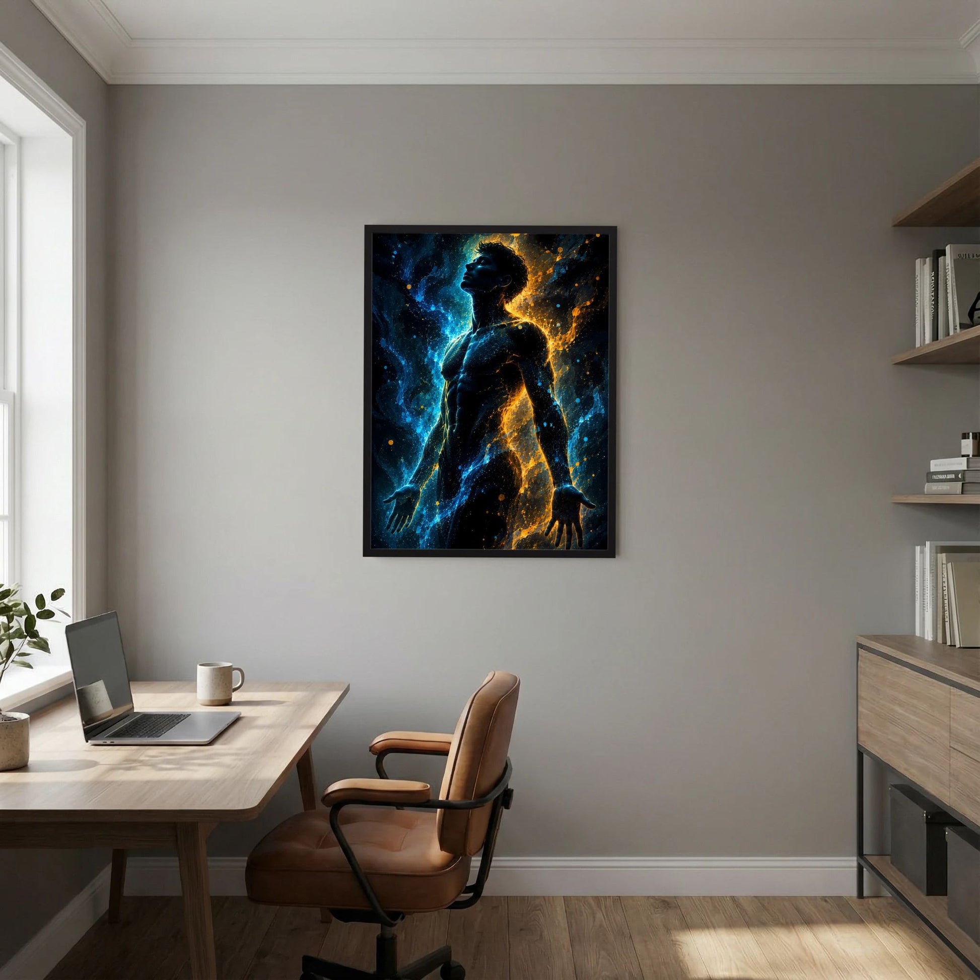 Hochformatposter mit männlicher Silhouette in Blau und Gold, abstraktes Licht, schwarzer Rahmen