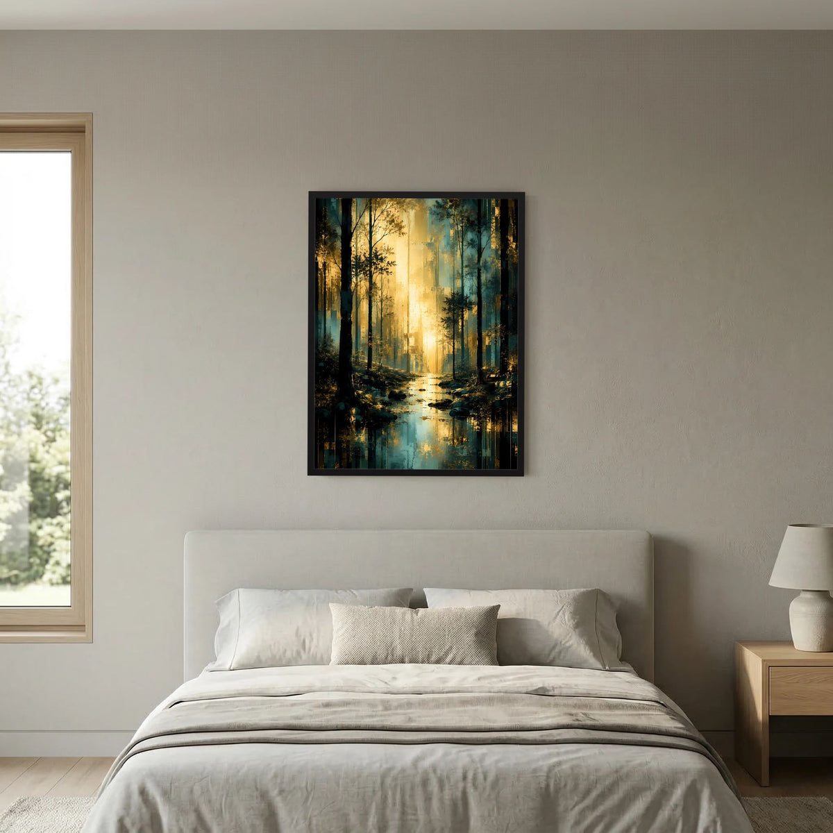 Waldlandschaft-Poster im Hochformat mit türkisblauem Waldpfad, goldener Sonne, schwarzer Rahmen