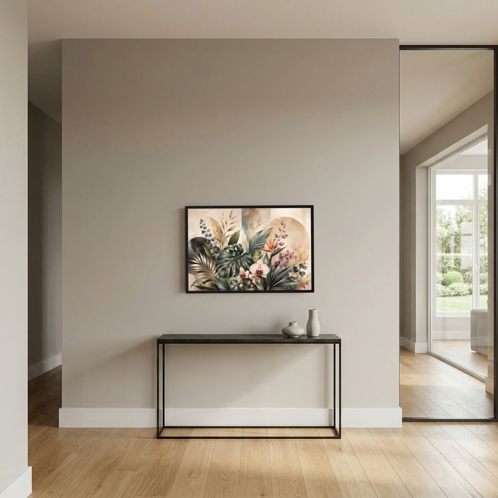 Gerahmtes Poster im Querformat mit Blumen- und Blattcollage in schwarzer Einfassung