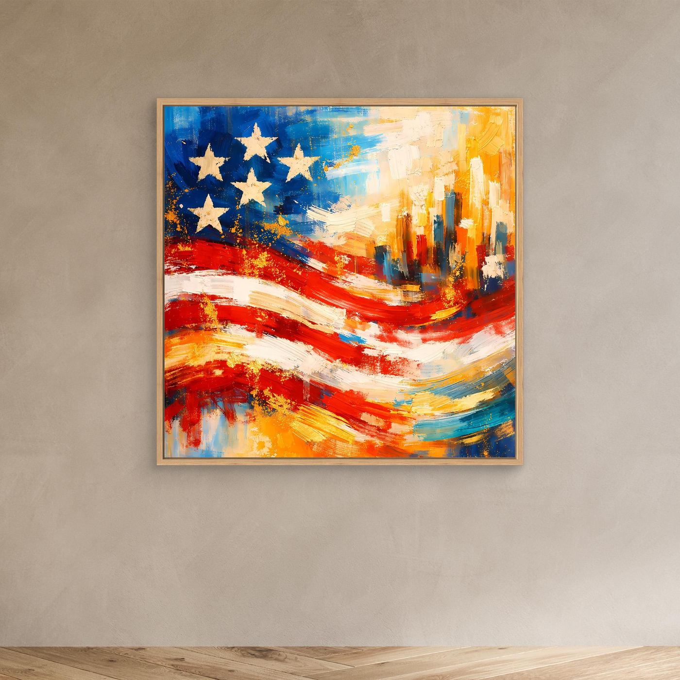 Leinwandbild mit abstrakter US-Flagge, blaue Sterne, rote Streifen und Skyline, goldfarben gerahmt