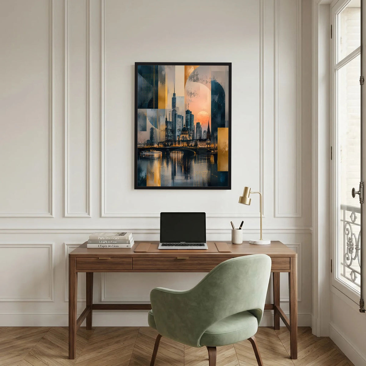 Hochformat-Poster mit abstrakter Skyline und Türmen, Fluss in Gold-Petrol, gerahmt