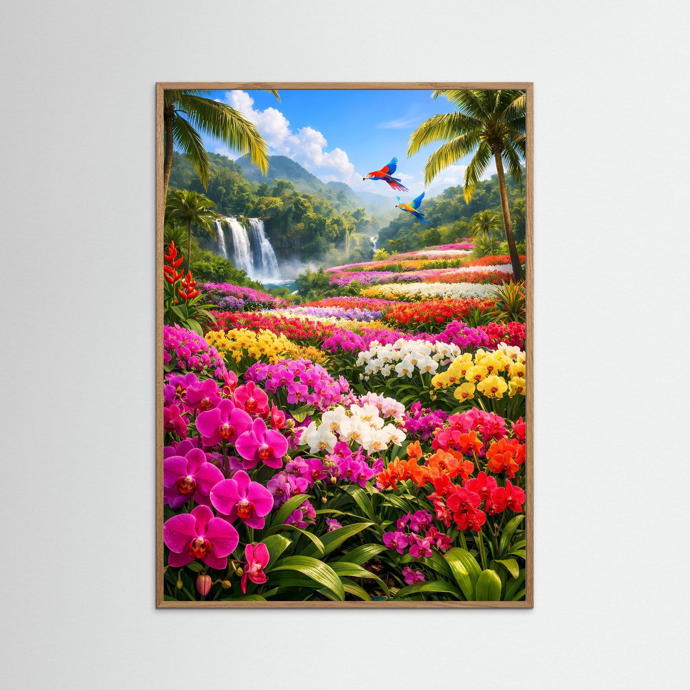 Hochformatiges Wandbild mit Orchideen, tropischen Palmen, Wasserfall und zwei bunten Vögeln