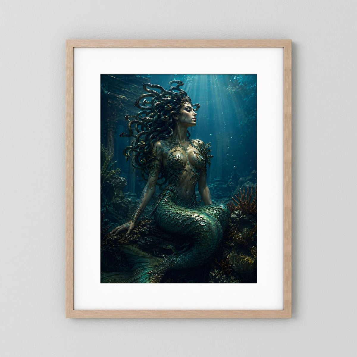 Fantasy-Poster mit Meerjungfrau in Smaragd & Türkis, Schlangenhaar, beiger Holzrahmen