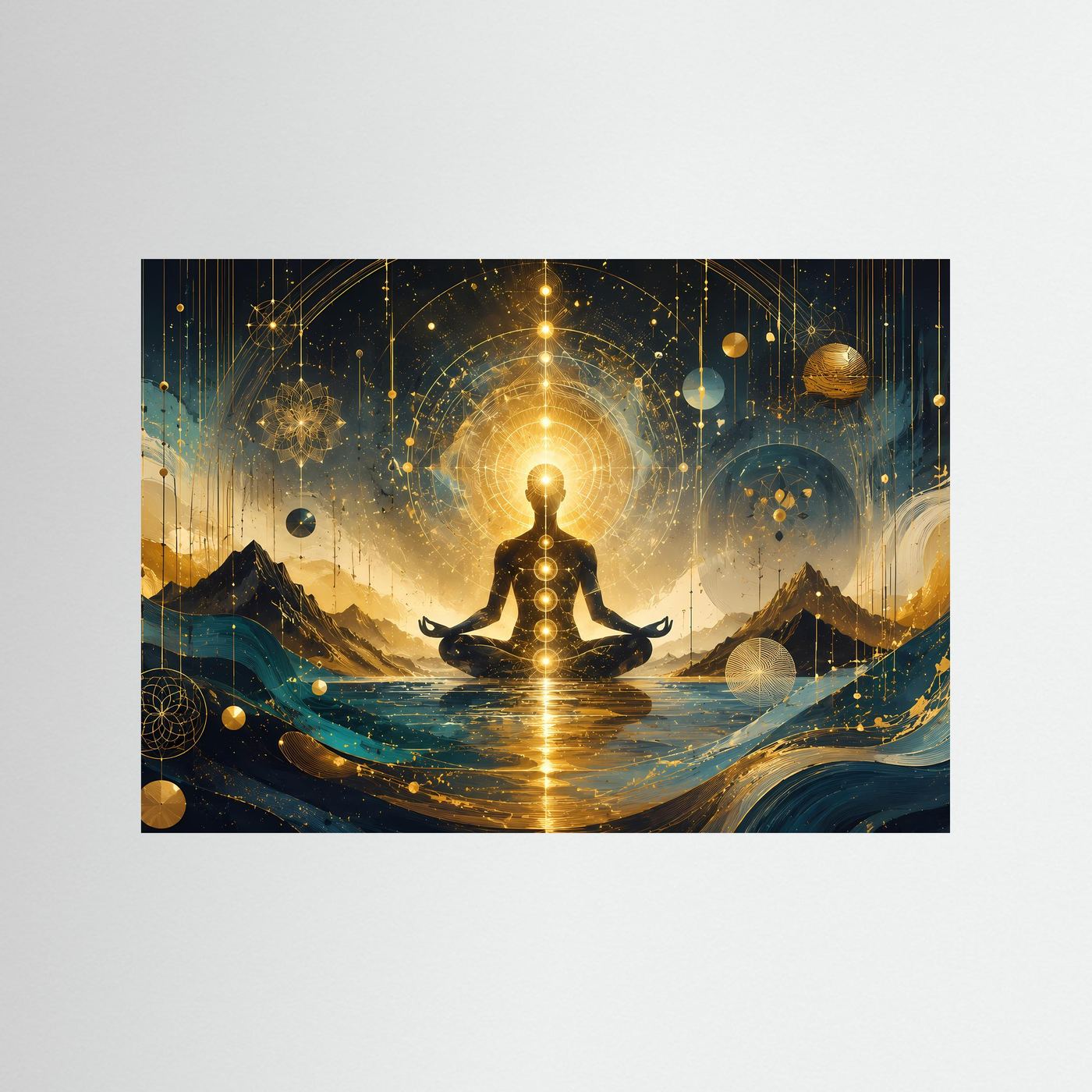 Meditation & Chakren in Gold | Spirituelle Energie & Heilige Geometrie Wandkunst