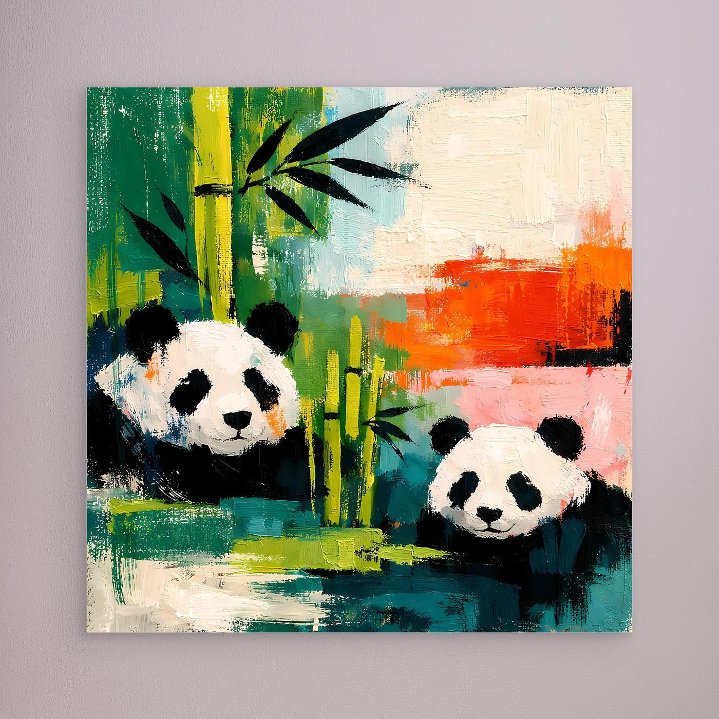 Canvas wall art with two pandas and bamboo in colorful abstract brushstrokes