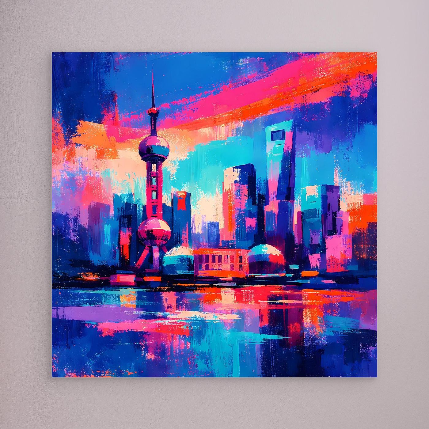 Wandbild mit abstrakter Neon-Stadtansicht und Reflexionen, ohne Rahmen