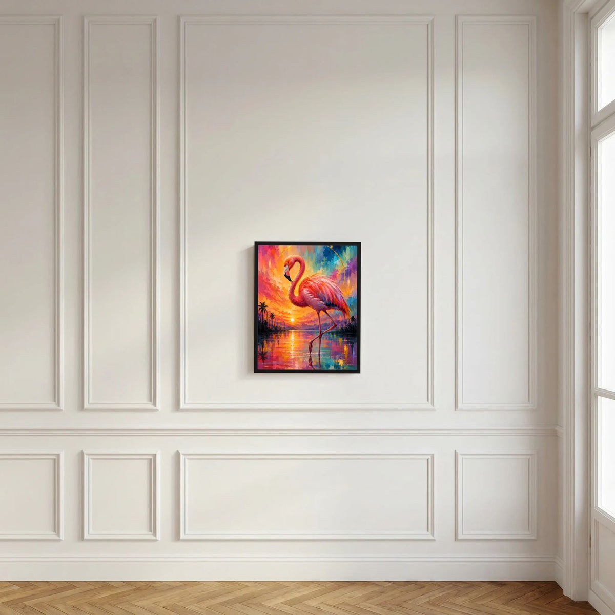 Kunstposter mit Flamingo in Pink und Türkis, orange-blaue Farbexplosion im Hintergrund