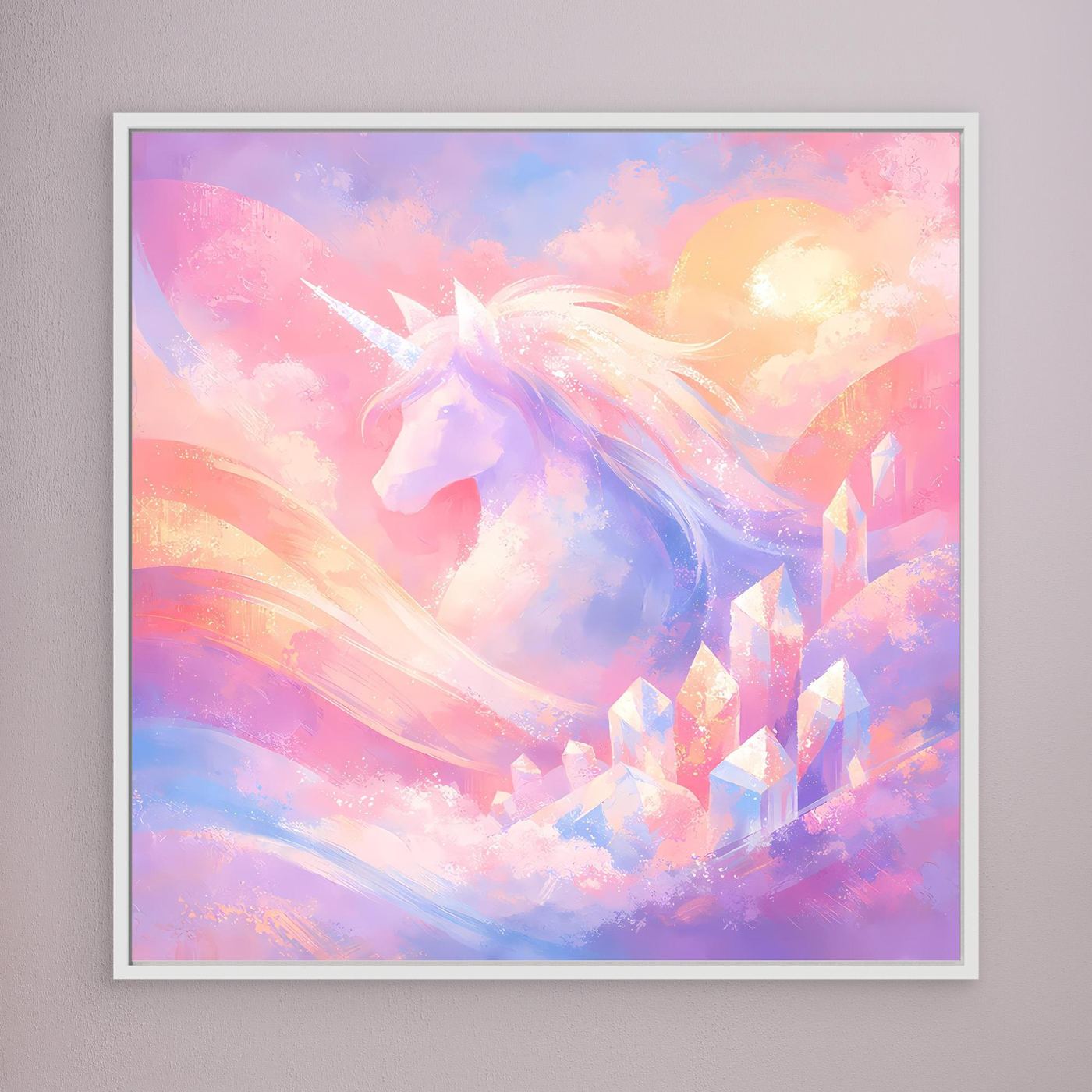 Leinwandbild mit Einhorn-Motiv in Pastellfarben, mit weißem Rahmen