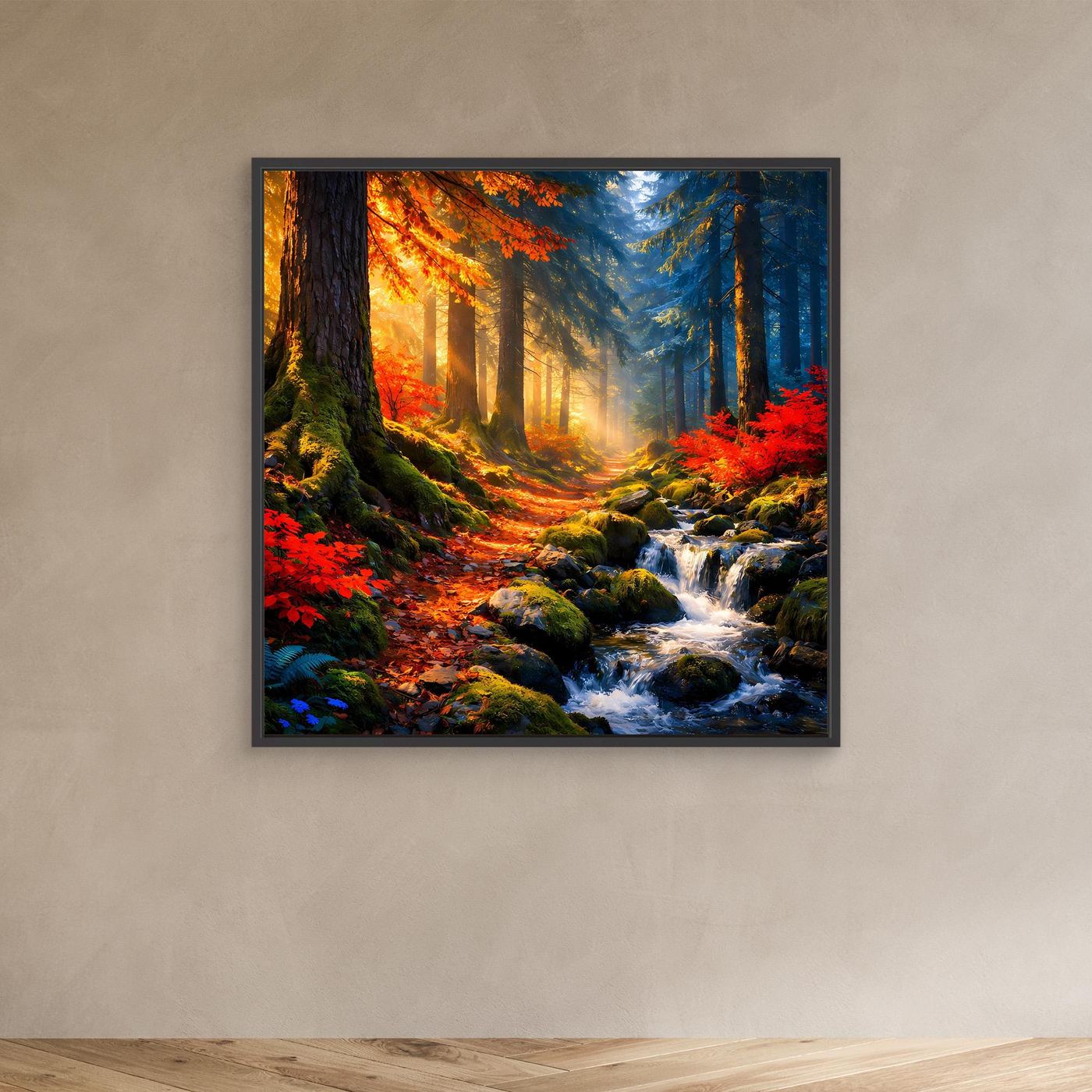 Wandbild Leinwand mit schwarzem Rahmen: Herbstwald mit Bachlauf und roten Laubbäumen