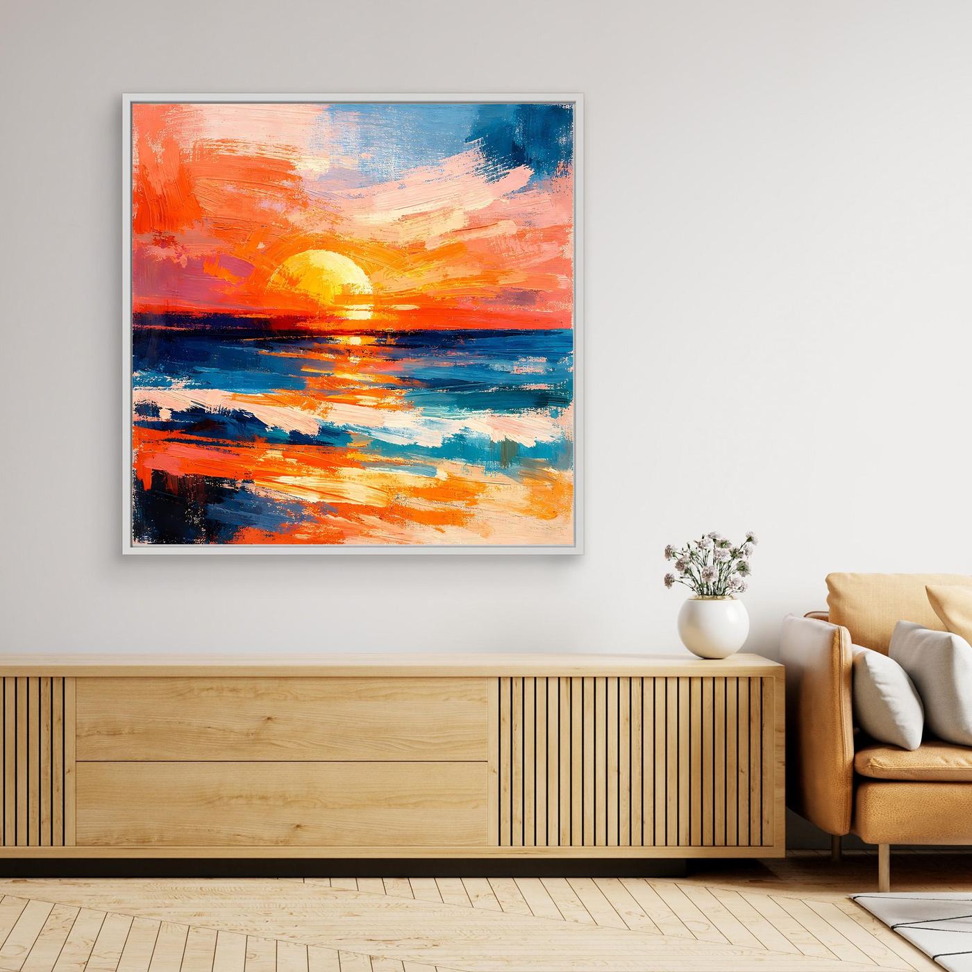 Abstract ocean sunset canvas wall art with white frame