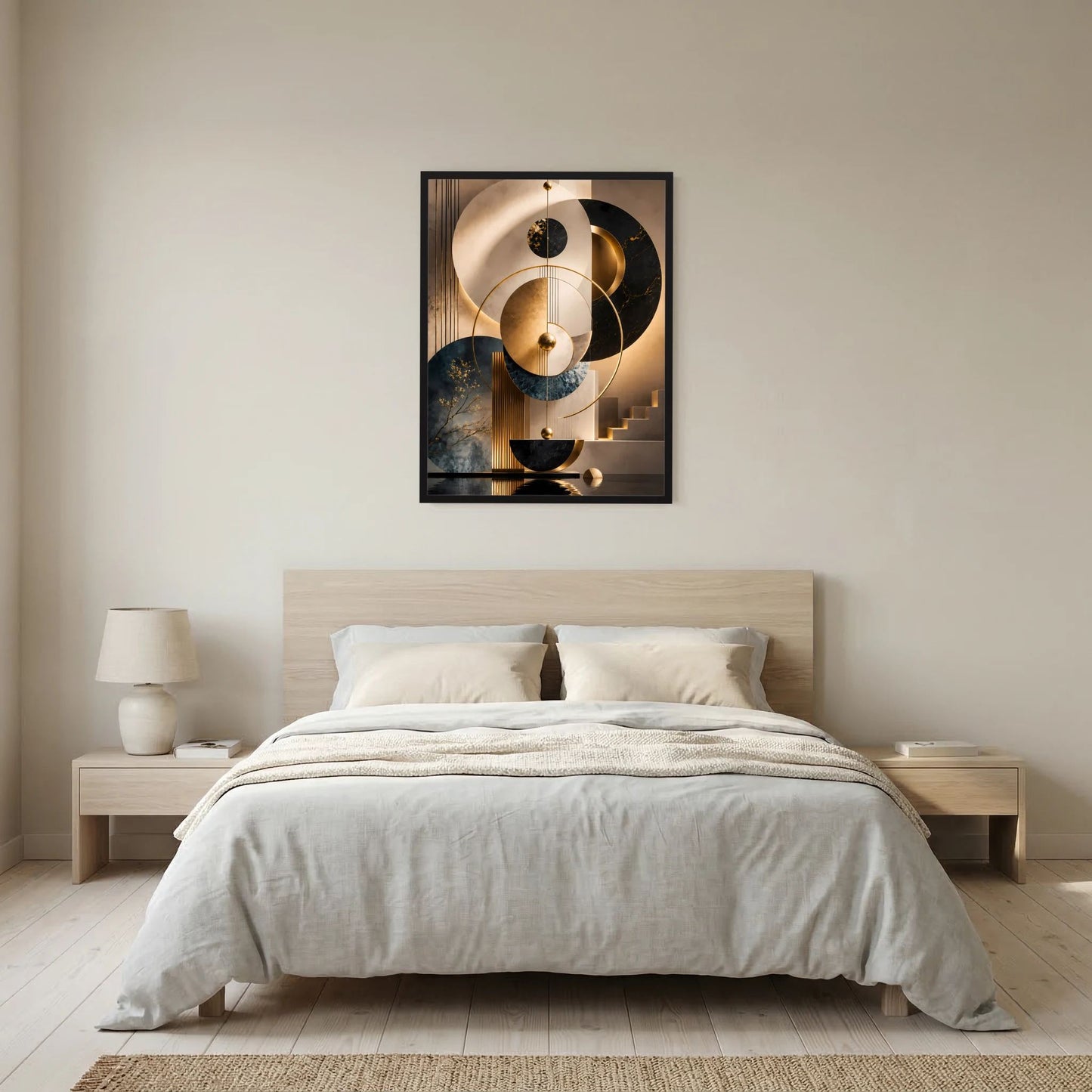 Gerahmtes Hochformat-Poster mit abstrakten goldenen Kreisen auf Schwarz, Beige und Petrol