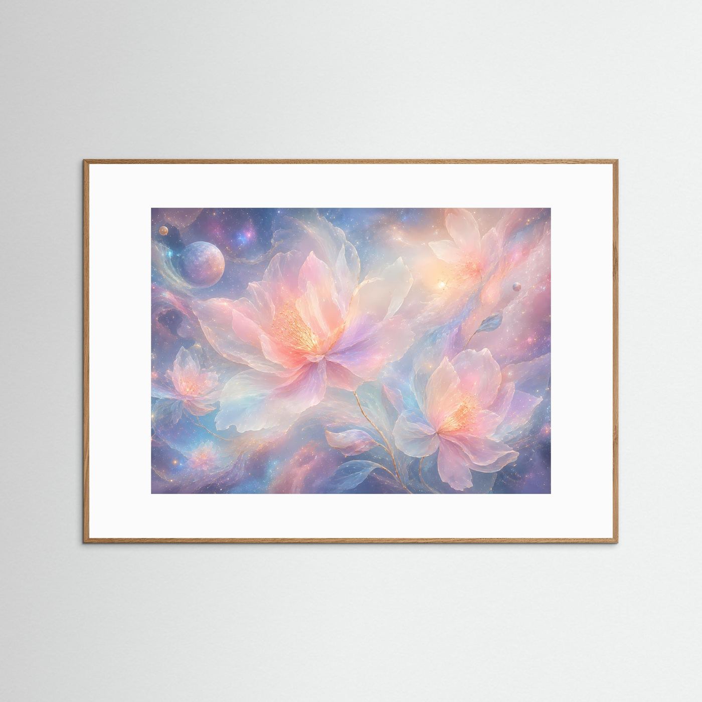 Kosmische Blumen Poster | Pastell Galaxy Wandkunst | Surreale Blumen mit Sternenhimmel | Modernes Fantasy Wandbild