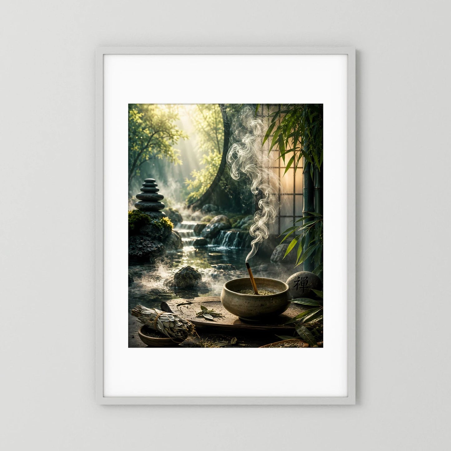 Poster im Hochformat mit weißem Rahmen und breitem Passepartout: Zen-Garten mit Räucherschale