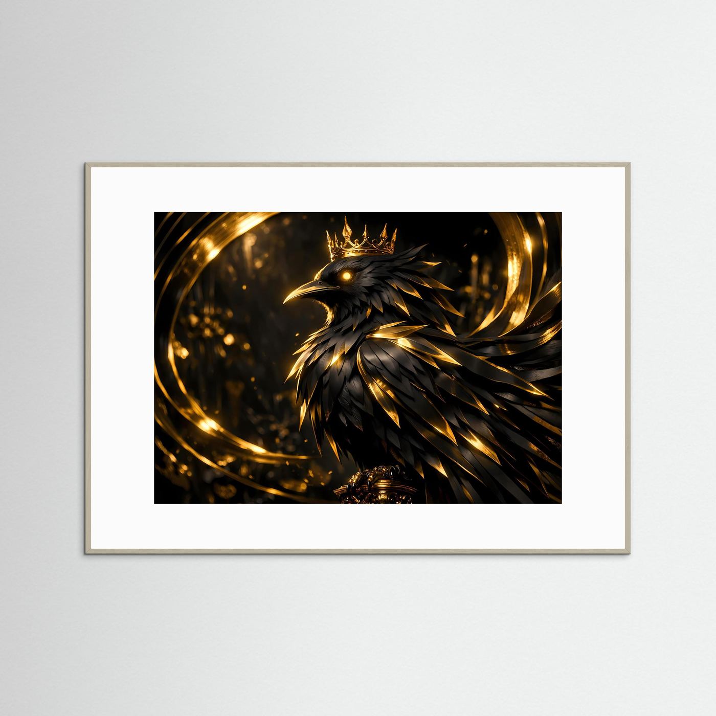 Majestätischer Rabe mit goldener Krone | Edles Fantasy Poster Querformat