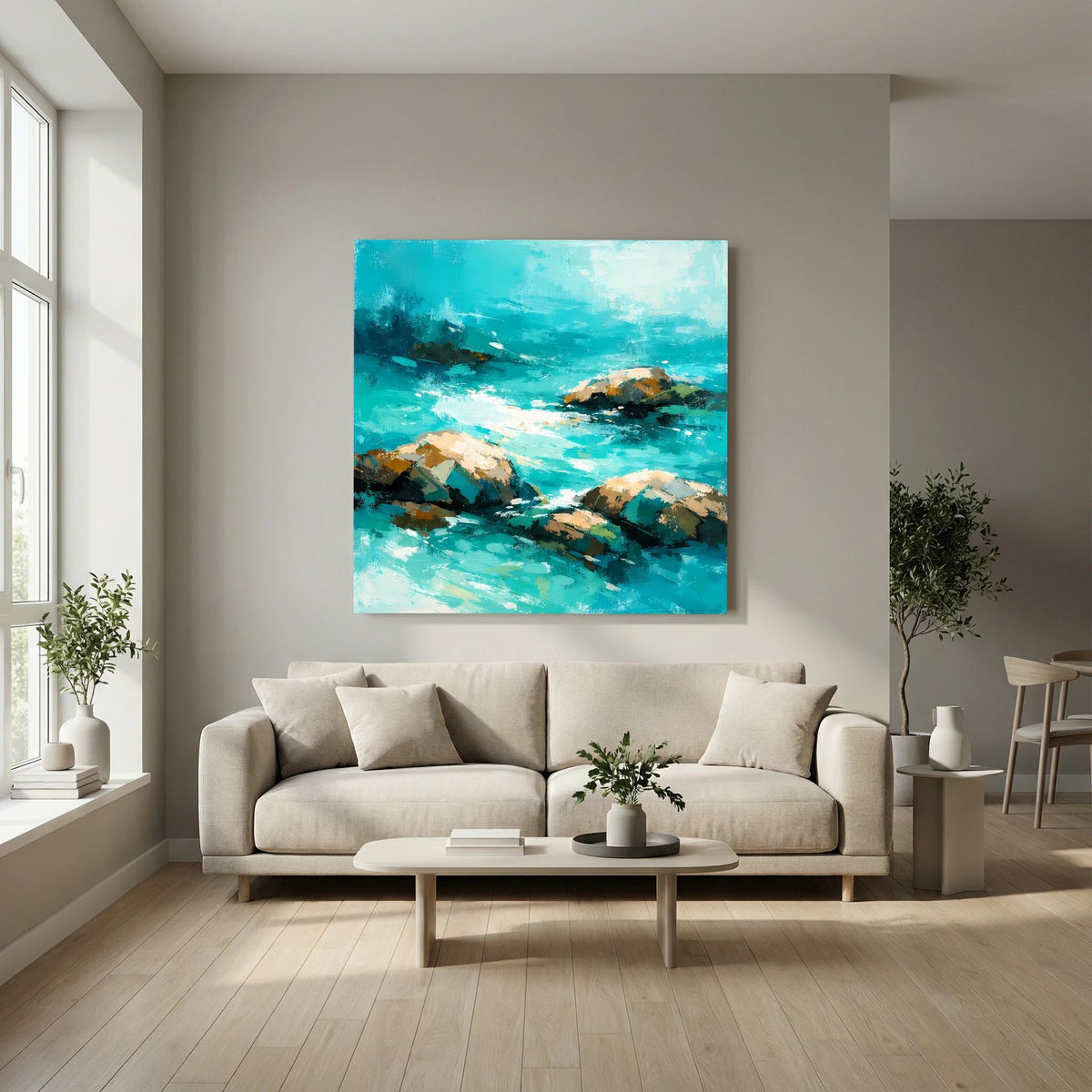 Quadratisches Leinwand-Wandbild: türkisfarbenes Meer, Felsen und helle Wellenakzente