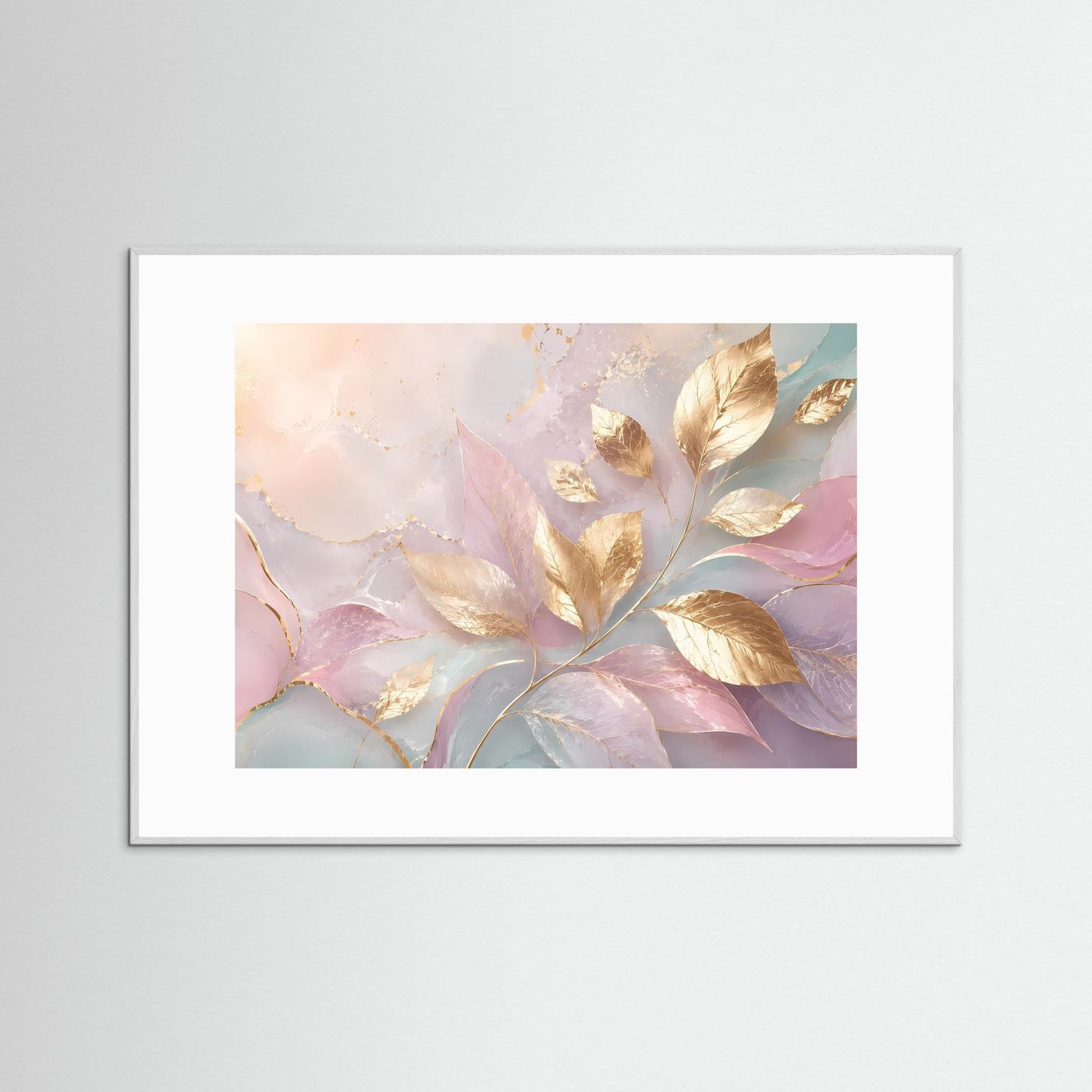 Goldene Blätter Poster | Pastell Wandkunst mit Gold | Elegante Botanische Abstrakte Kunst | Modernes Natur Wandbild