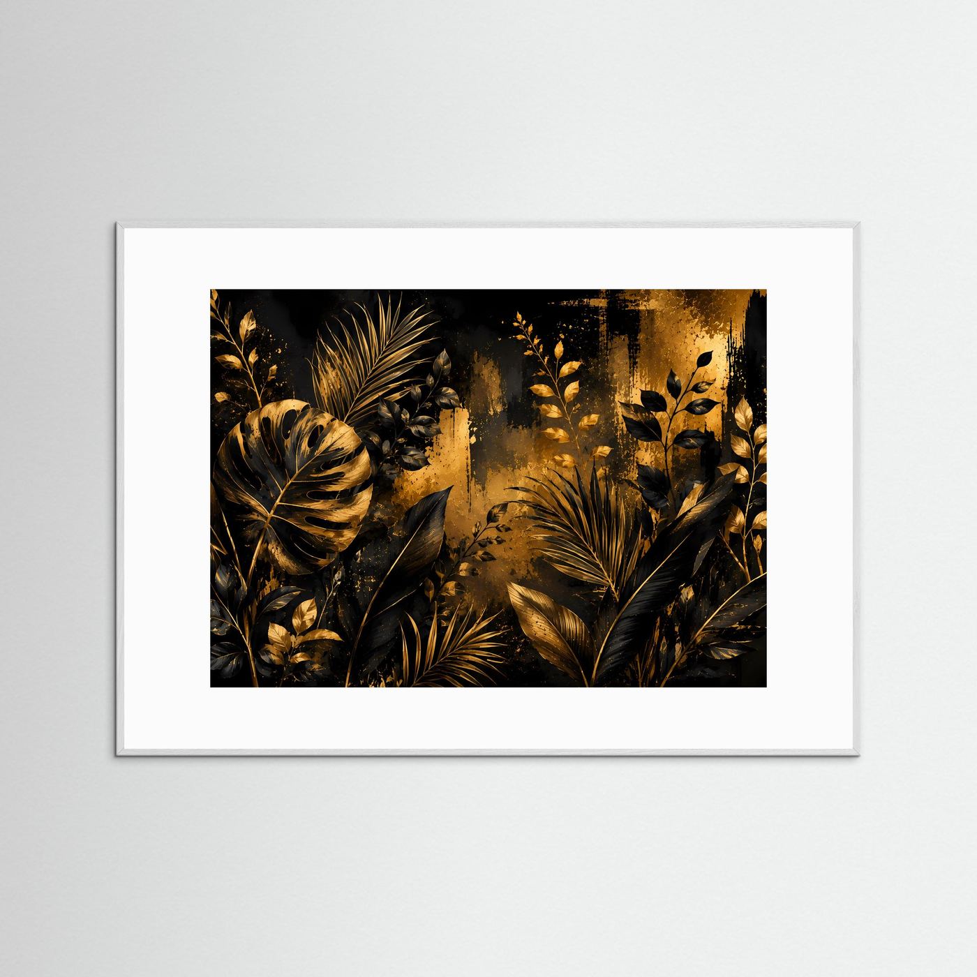 Querformat-Poster mit goldenen Tropenblättern auf schwarzem Hintergrund, grauer Rahmen