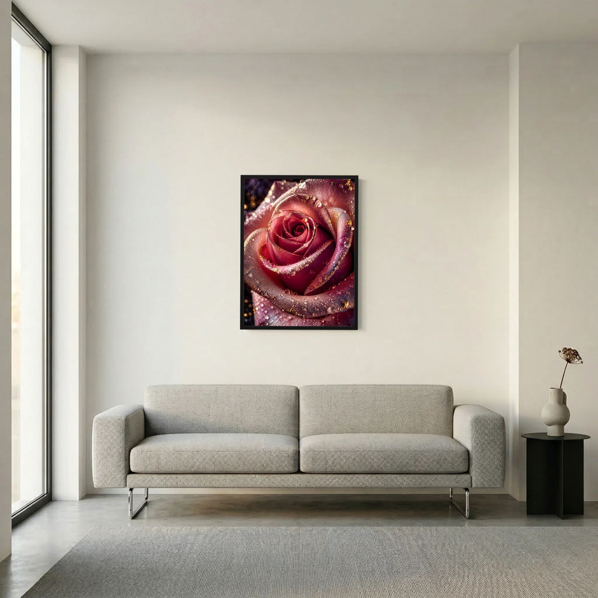 Rosenposter im schwarzen Rahmen mit roter Rose, Tropfenoptik und goldfarbenen Glitzerpunkten