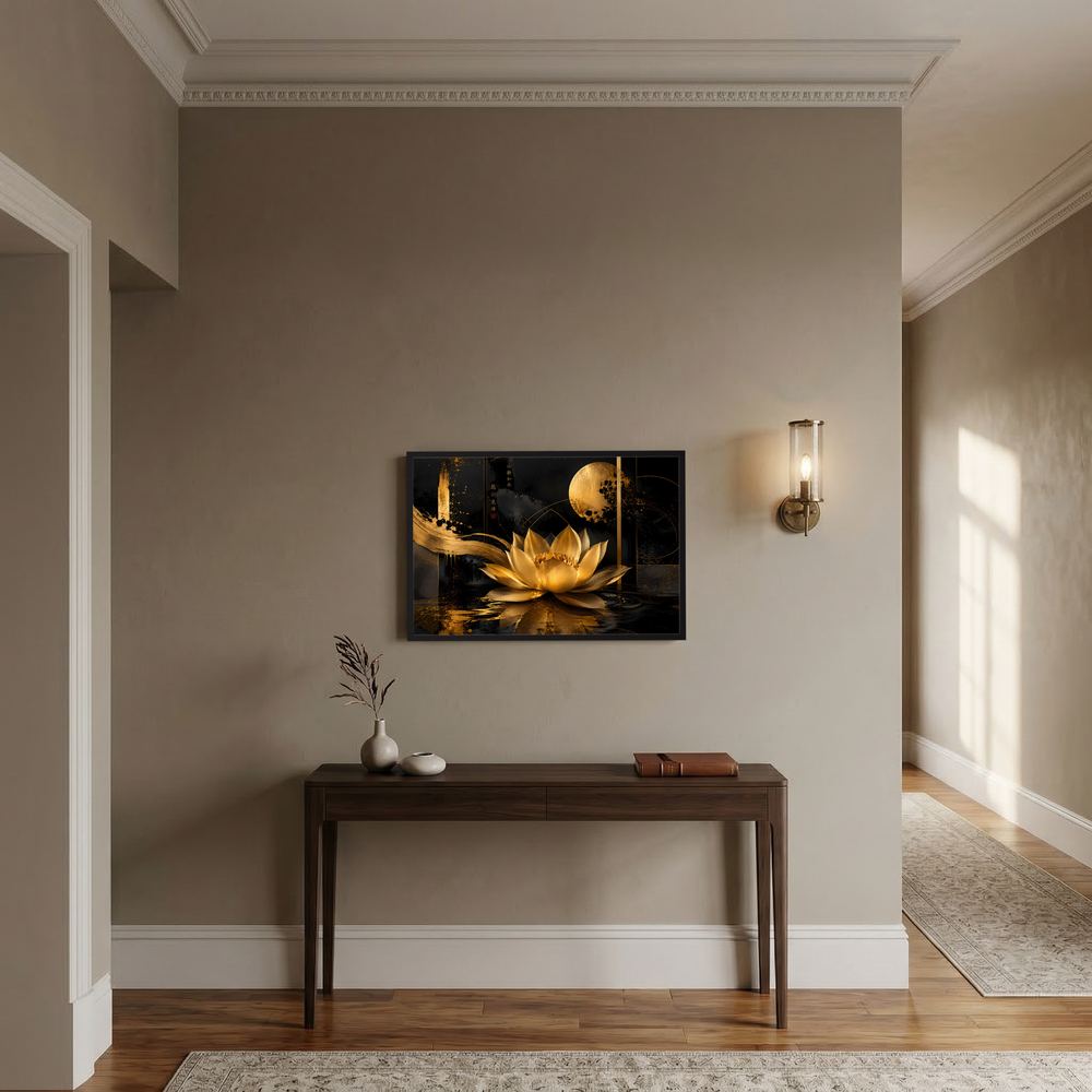 Querformat-Poster: goldene Lotusblüte auf dunklem Hintergrund mit goldenen Lichtreflexen