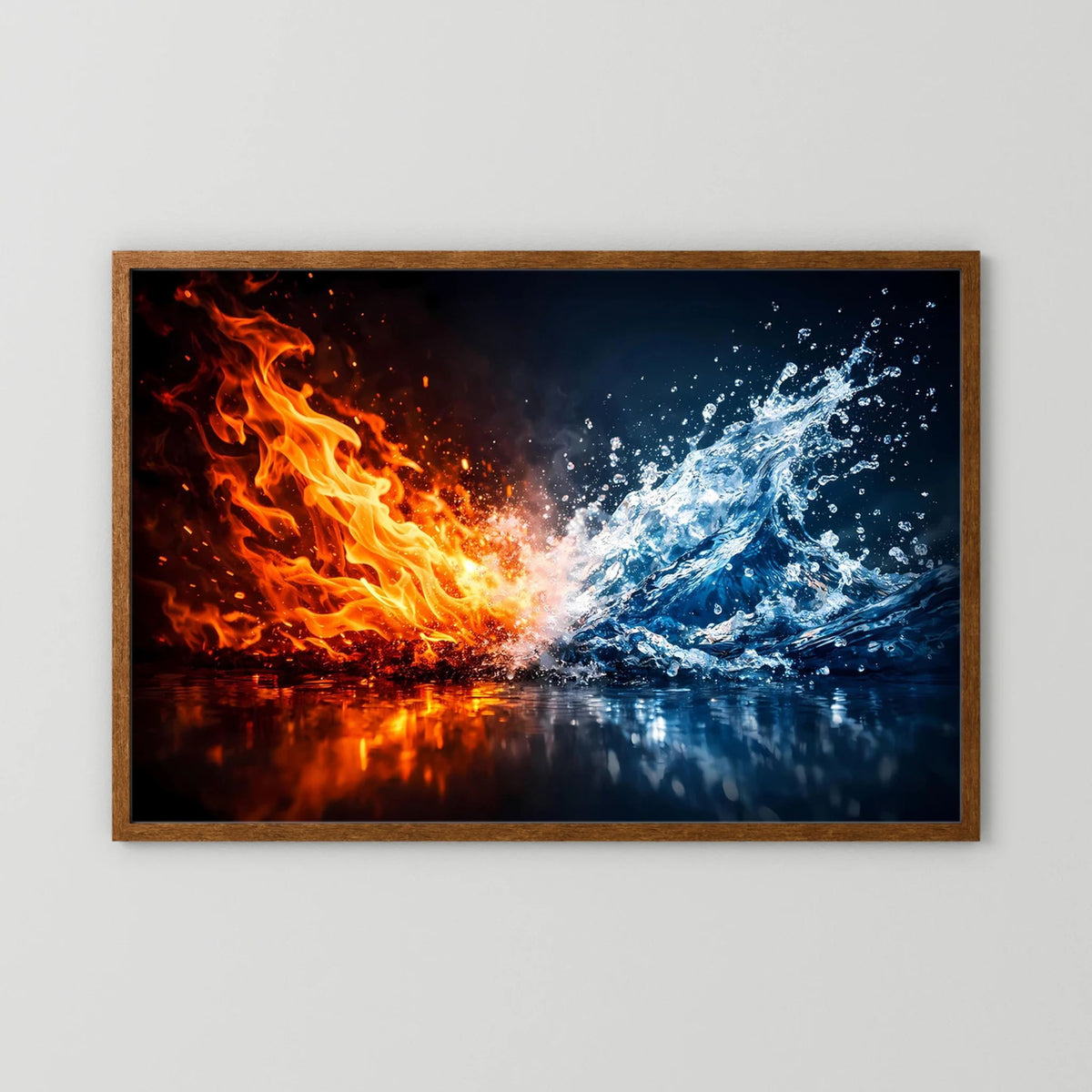 Querformatiges Kunstposter im braunen Holzrahmen mit Feuer-und-Wasser-Abstraktion
