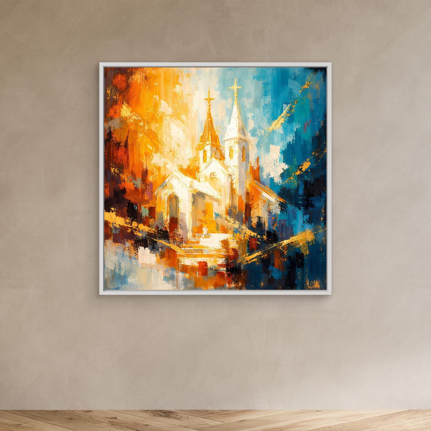 Leinwandbild mit abstraktem Kirchenmotiv in warmem Orange und Blau, weißer Rahmen