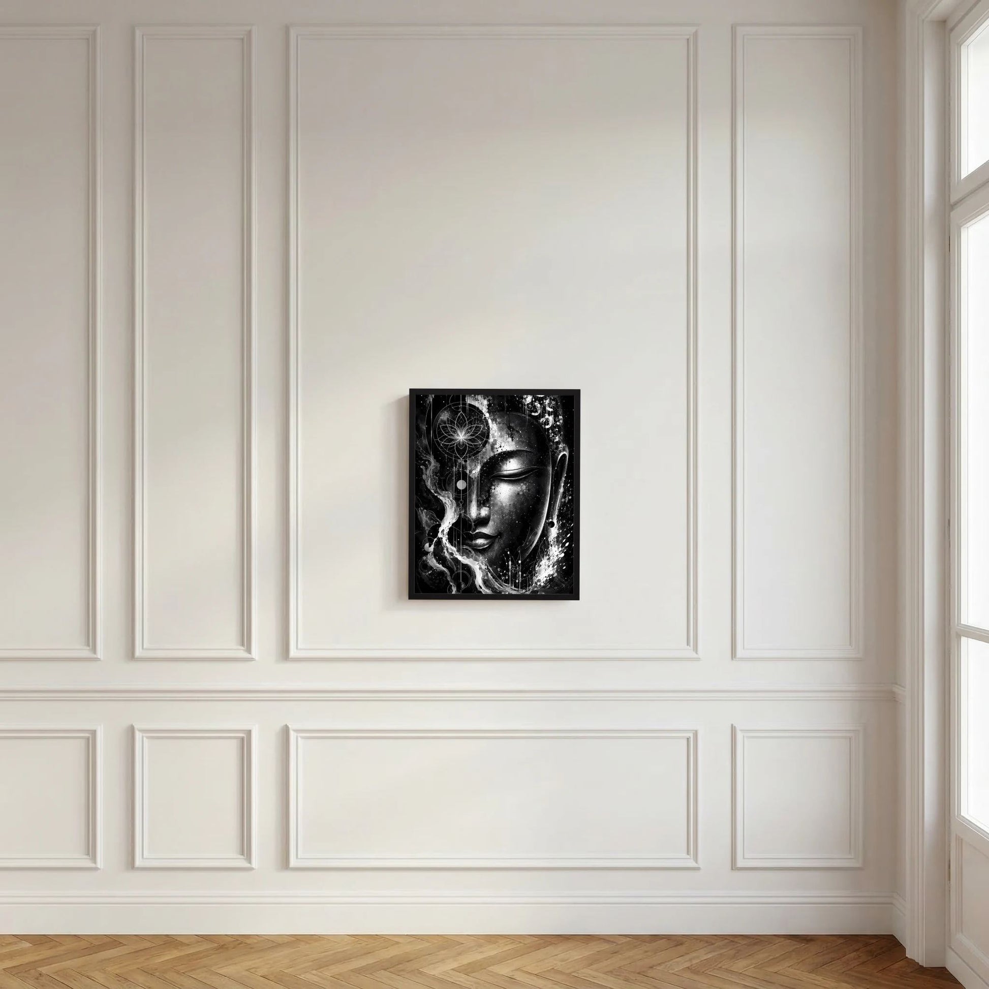 Kleines, gerahmtes Poster mit Buddha-Gesicht in Schwarzweiß und Mandala-Linien