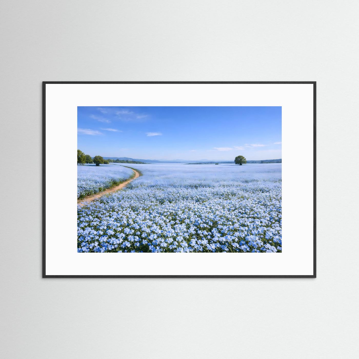 Malerisches Blaues Blumenfeld mit Feldweg | Idyllische Landschaft & Natur Poster Querformat