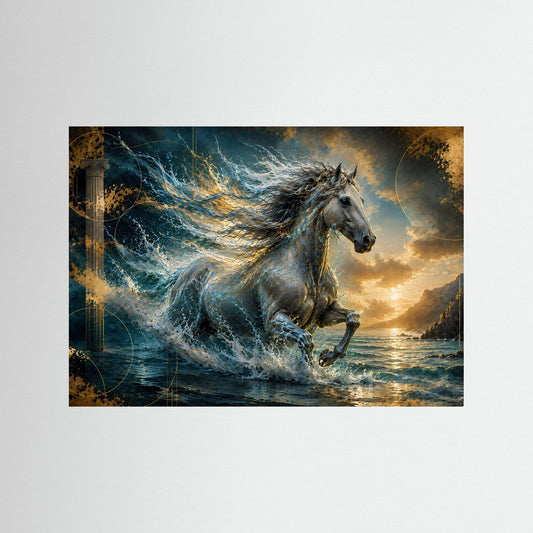 Querformat-Poster mit galoppierendem Pferd im Meer und goldenen Wellenakzenten