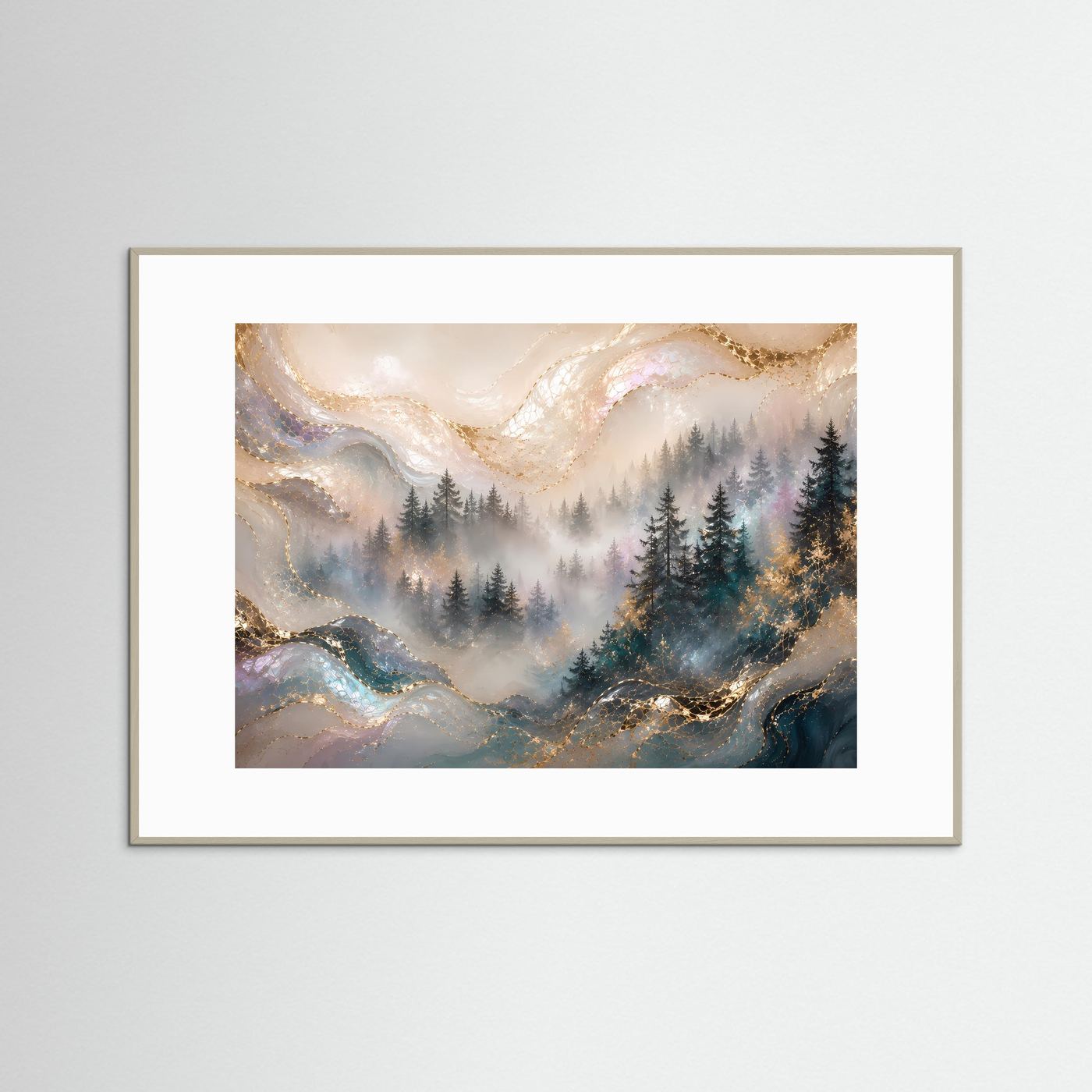 Querformat-Poster: Tannenwald mit perlmuttigem Nebel und goldenen Akzenten, grauer Rahmen.