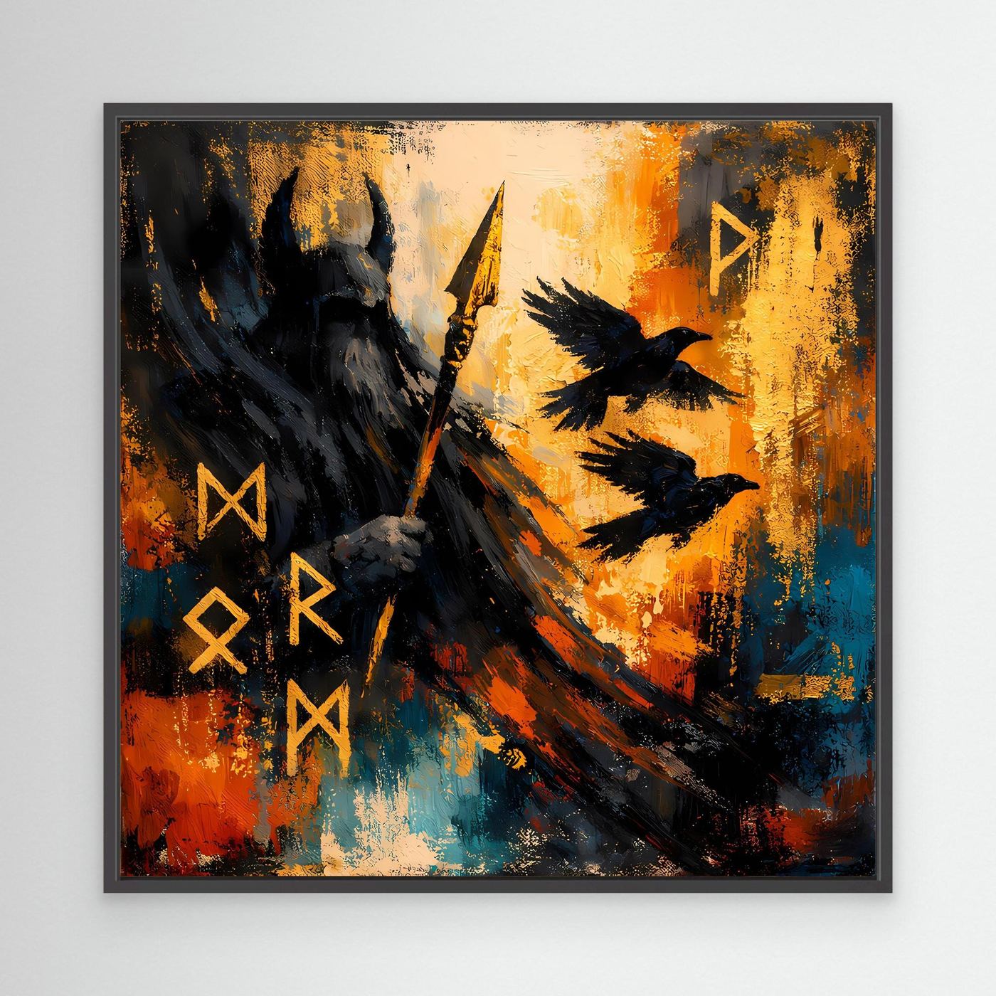 Wandbild mit schwarzem Rahmen: Odin mit Speer und Raben, abstrakt in Orange und Blau
