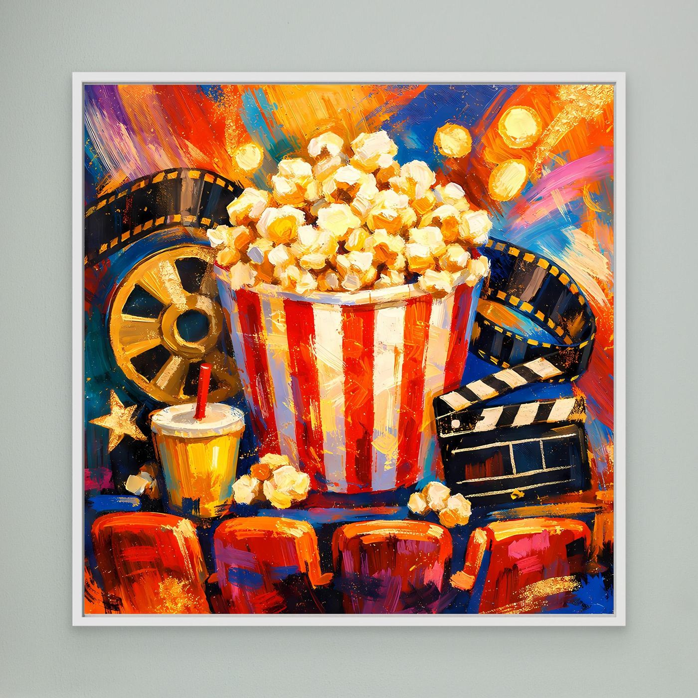 Leinwandbild mit Filmstreifen und Popcorn-Eimer, weiß gerahmt