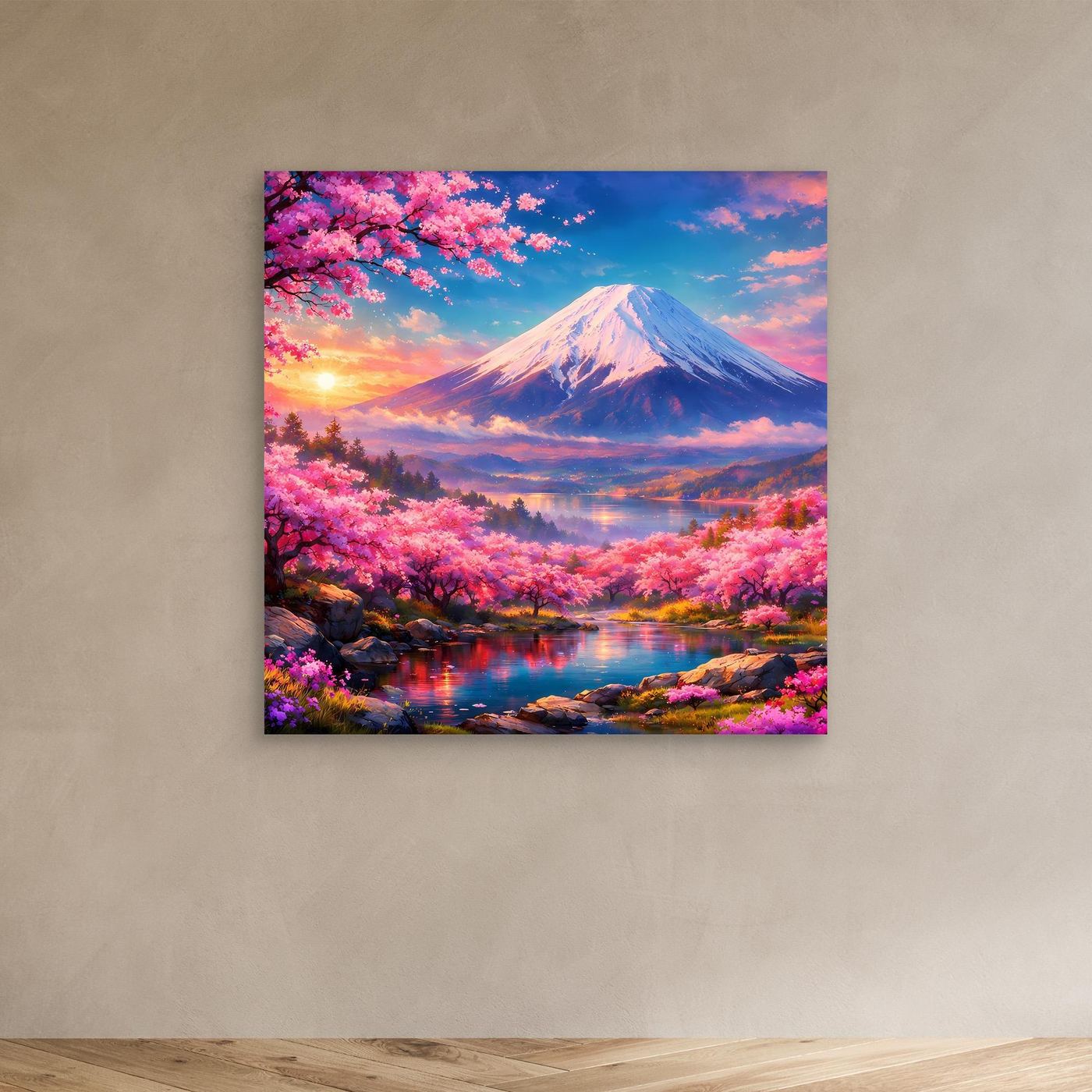 Leinwandbild Magischer Fuji & Kirschblüte | Japanisches Frühlingserwachen Wandbild auf echtem Holzkeilrahmen