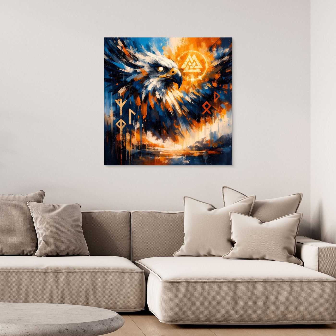 Gerahmtes Leinwandbild mit Adler-Motiv in Blau und Orange, mit Runenzeichen und Lichtkreis.
