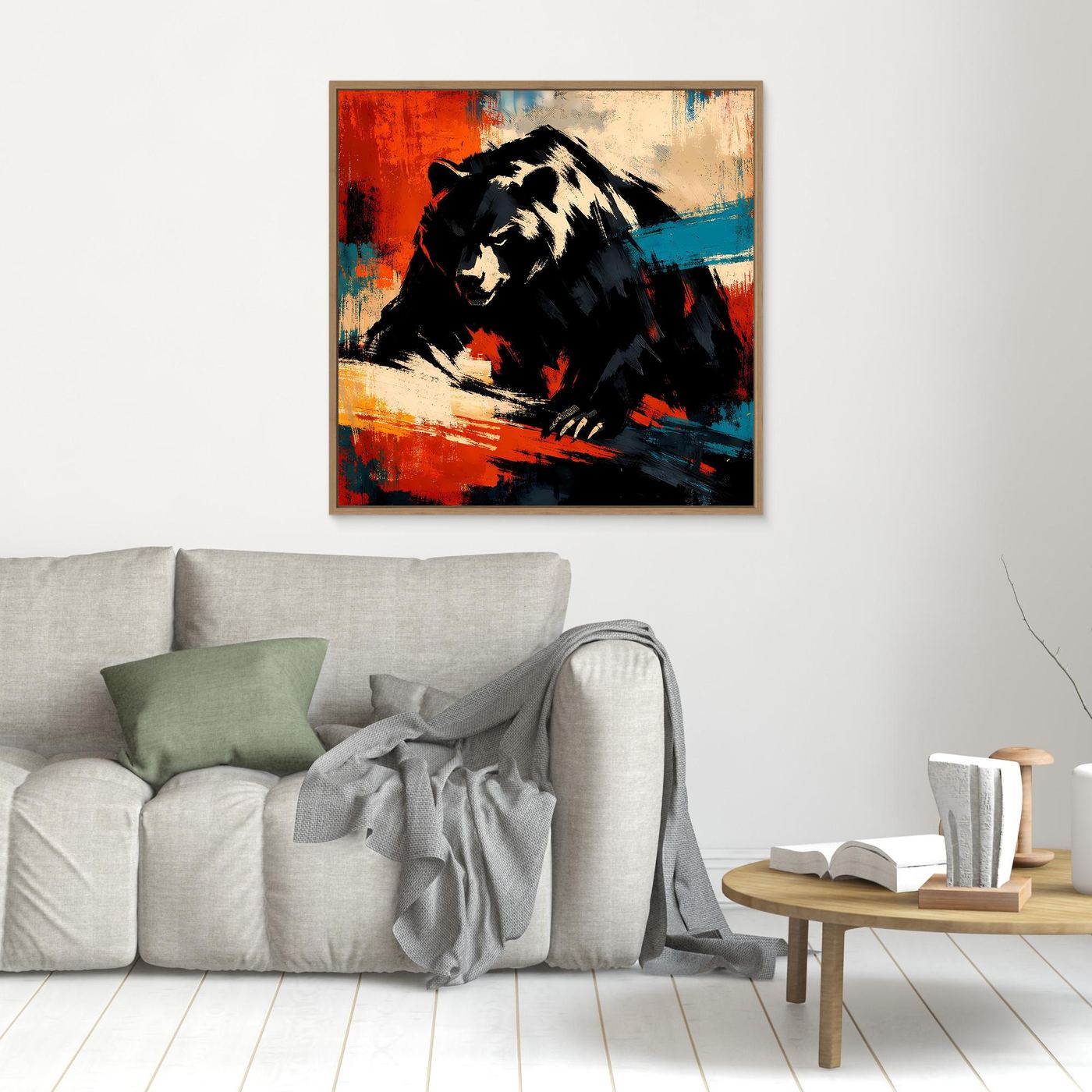Leinwand-Wandbild: abstrakter Grizzlybär, schwarz-beige, Rot- und Blauakzente, Eichenrahmen