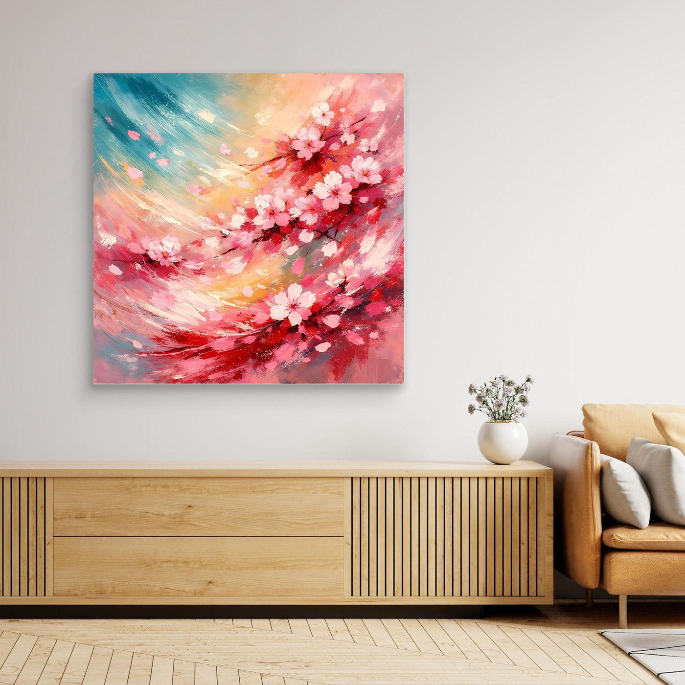 Leinwandbild mit abstrakten Kirschblüten in Rosa und Blau, pastellige Pinseltextur