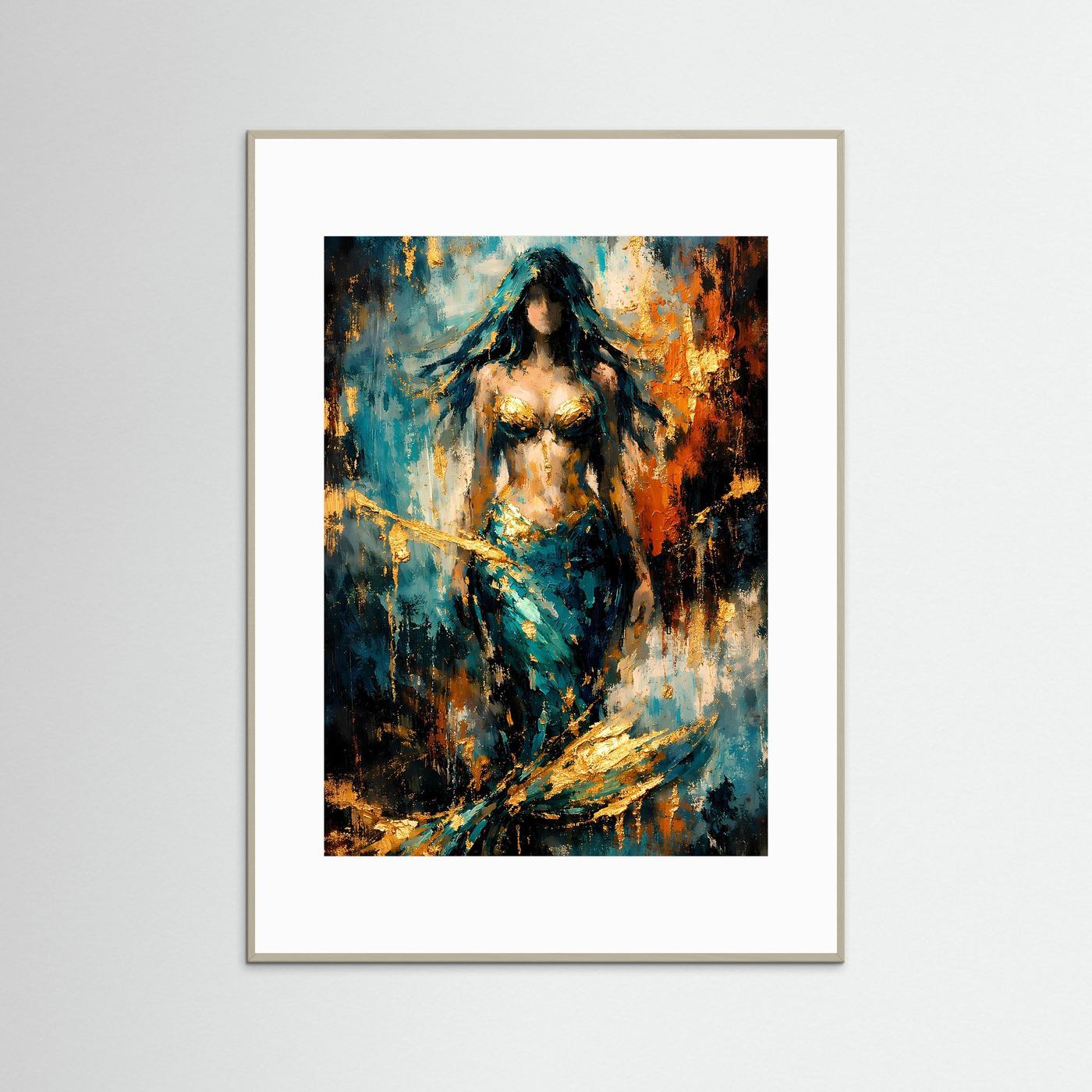 Kunstposter Nixe in Smaragd mit Gold- und Ocker-Spritzern, im grauen Rahmen