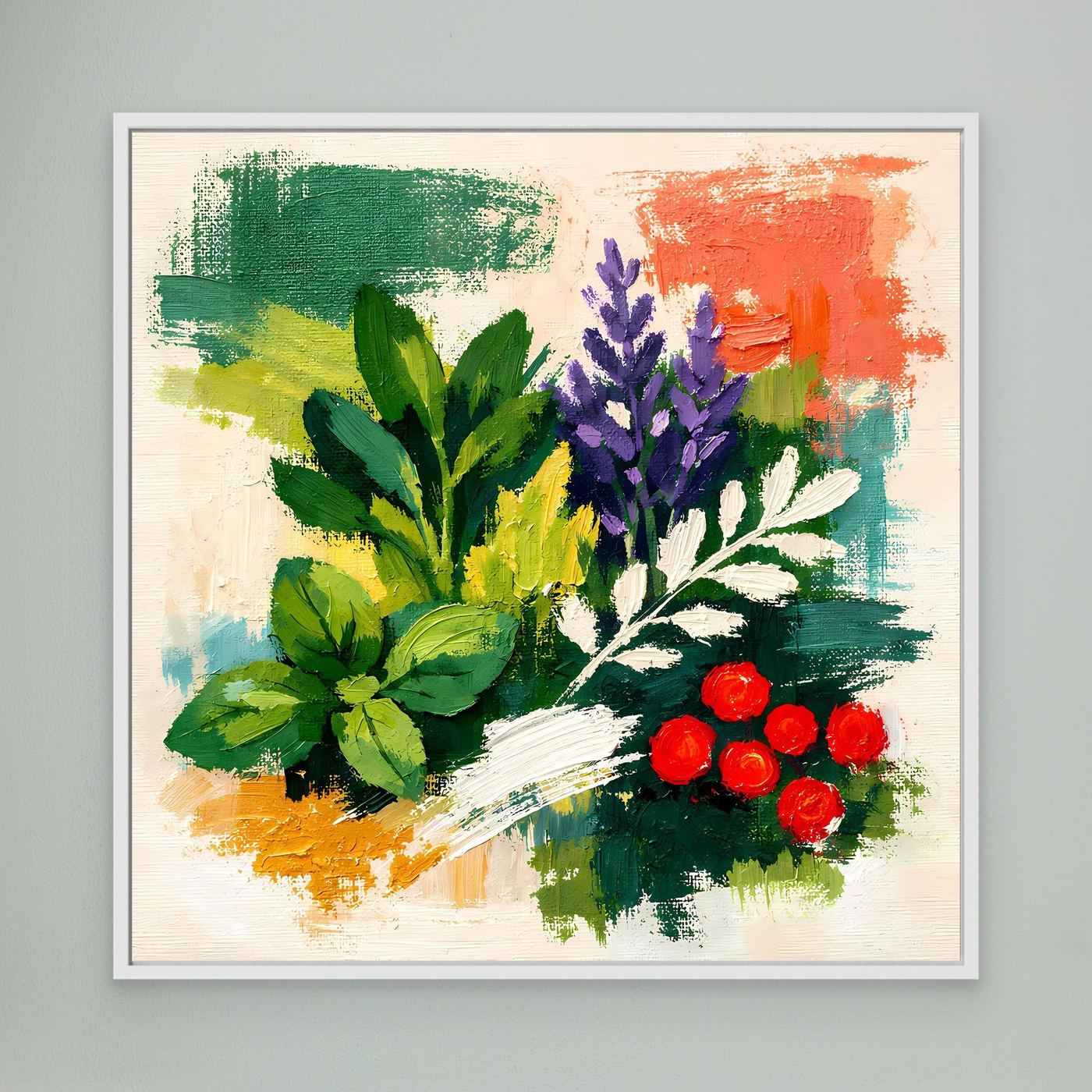 Abstract herb botanical wall art on canvas with multicolor foliage and red flowers, light frame