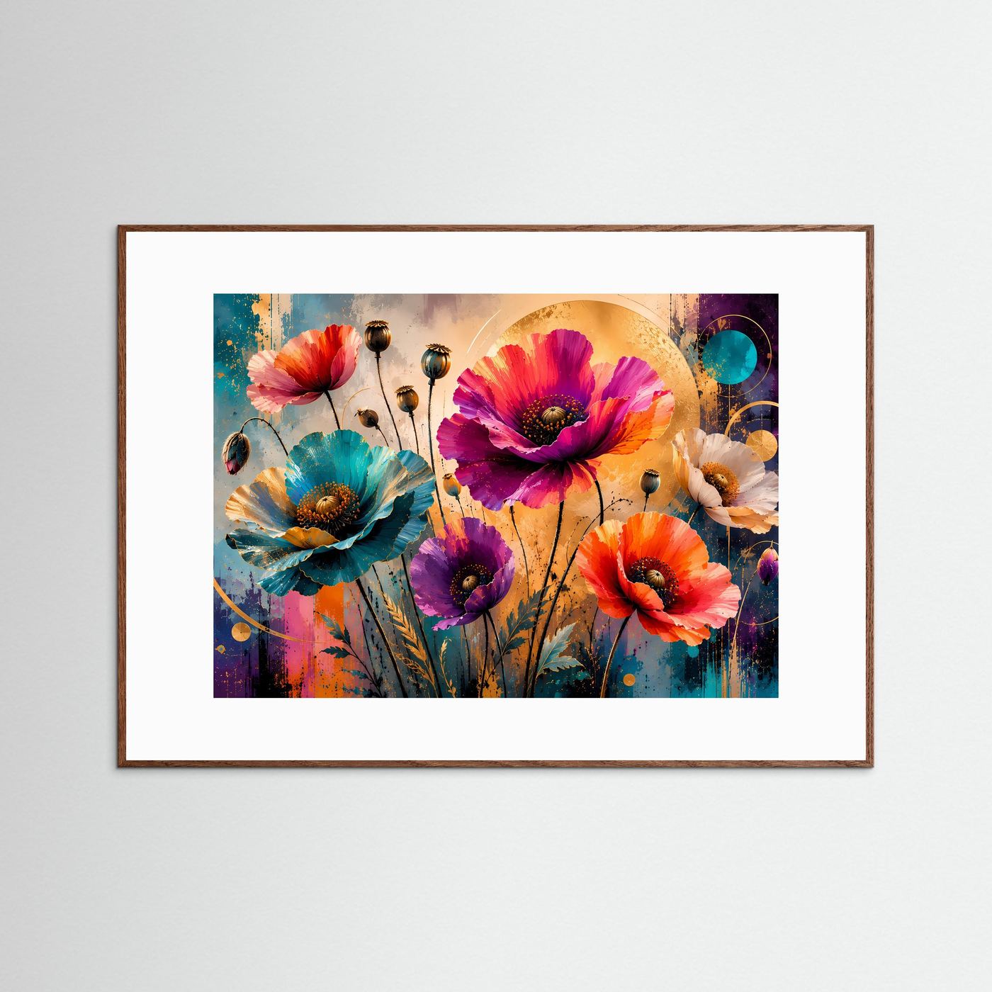 Wandbild im Querformat mit Mohnblumen in Orange, Pink und Blau, dunkler Holzrahmen