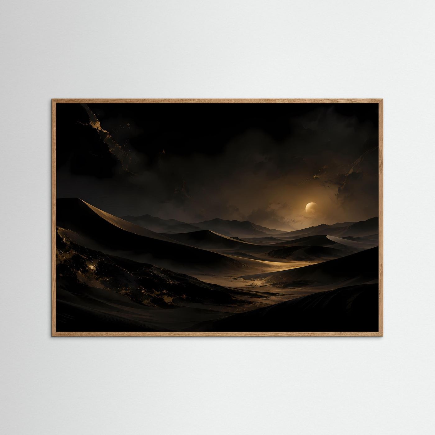 Wüste bei Nacht Poster | Gold Schwarz Dünen Landschaft | Mystische Mondnacht Wandbild | Elegante Wüstenkunst | Moderne Wall Art