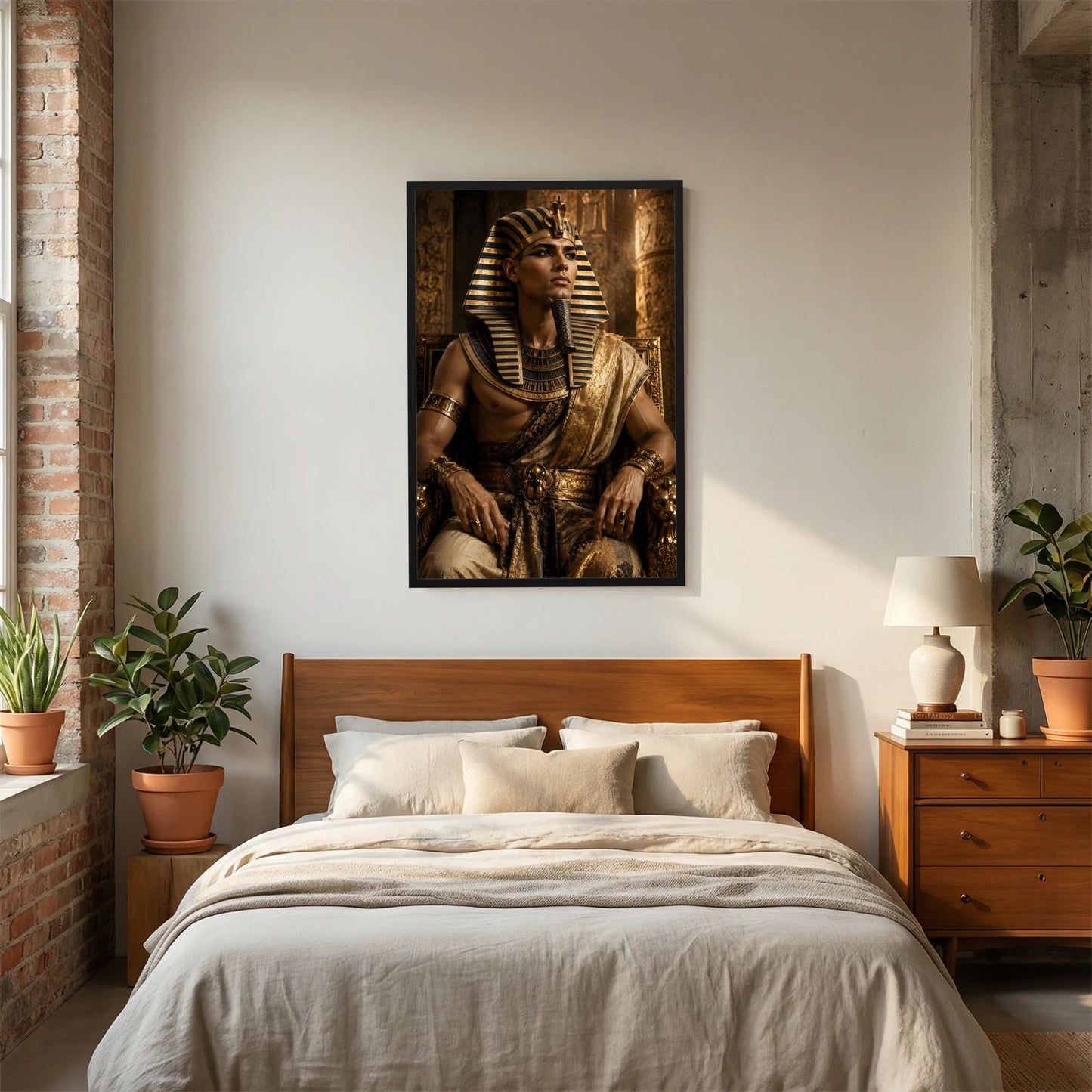 Hochformatiges Wandposter mit schwarzem Rahmen: ägyptischer Pharao im goldenen Gewand und Kopfschmuck