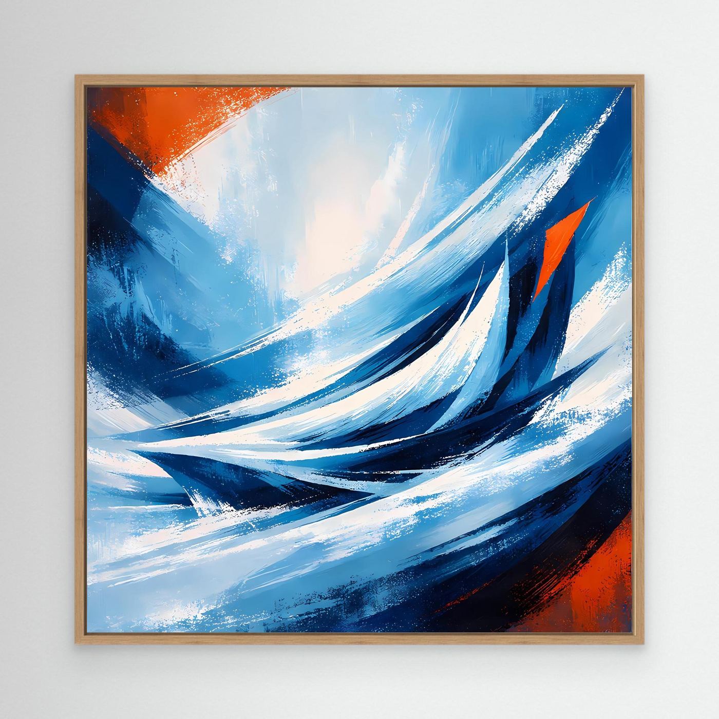 Leinwandbild mit abstrakten Wellen in Blau/Weiß, orange Akzente im Holzrahmen