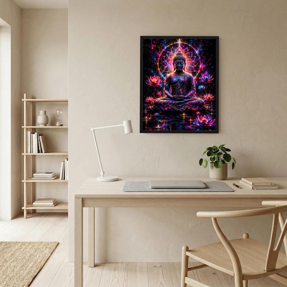 Wandposter mit Buddha in Meditation, leuchtender Lotusumgebung und bunter Lichtspur